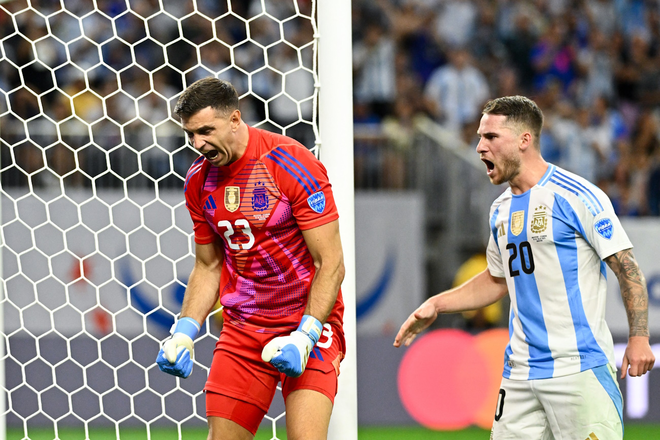 Jul 4, 2024; Houston, TX, USA; Argentina's goalkeeper Emiliano Martinez (23) reacts after blocking a penalty kick during the second half against Ecuador at NRG Stadium. Mandatory Credit: Maria Lysaker-USA TODAY Sports