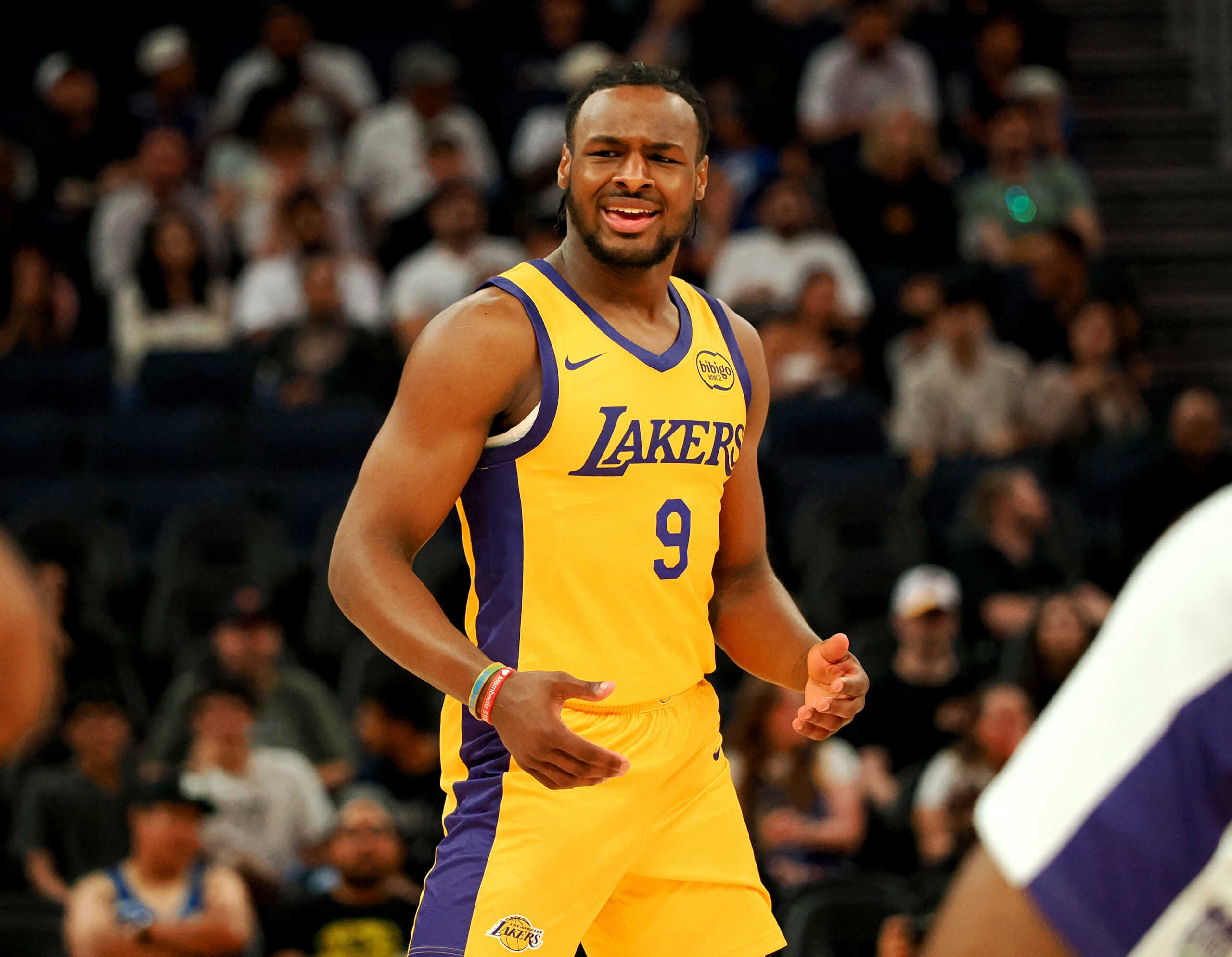 Jul 6, 2024; San Francisco, CA, USA; Los Angeles Lakers guard Bronny James Jr. (9) reacts after being called for a foul against the Sacramento Kings during the second quarter at Chase Center. Mandatory Credit: Kelley L Cox-USA TODAY Sports