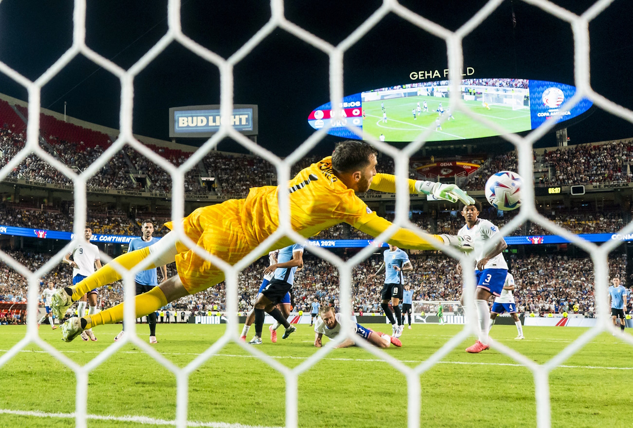 Jul 1, 2024; Kansas City, Missouri, USA; United States goalkeeper Matt Turner (1) is unable to make the stop as Uruguay defender Mathias Olivera (not pictured) scores a goal during the second half of a Copa America match at Arrowhead Stadium. Mandatory Credit: Jay Biggerstaff-USA TODAY Sports