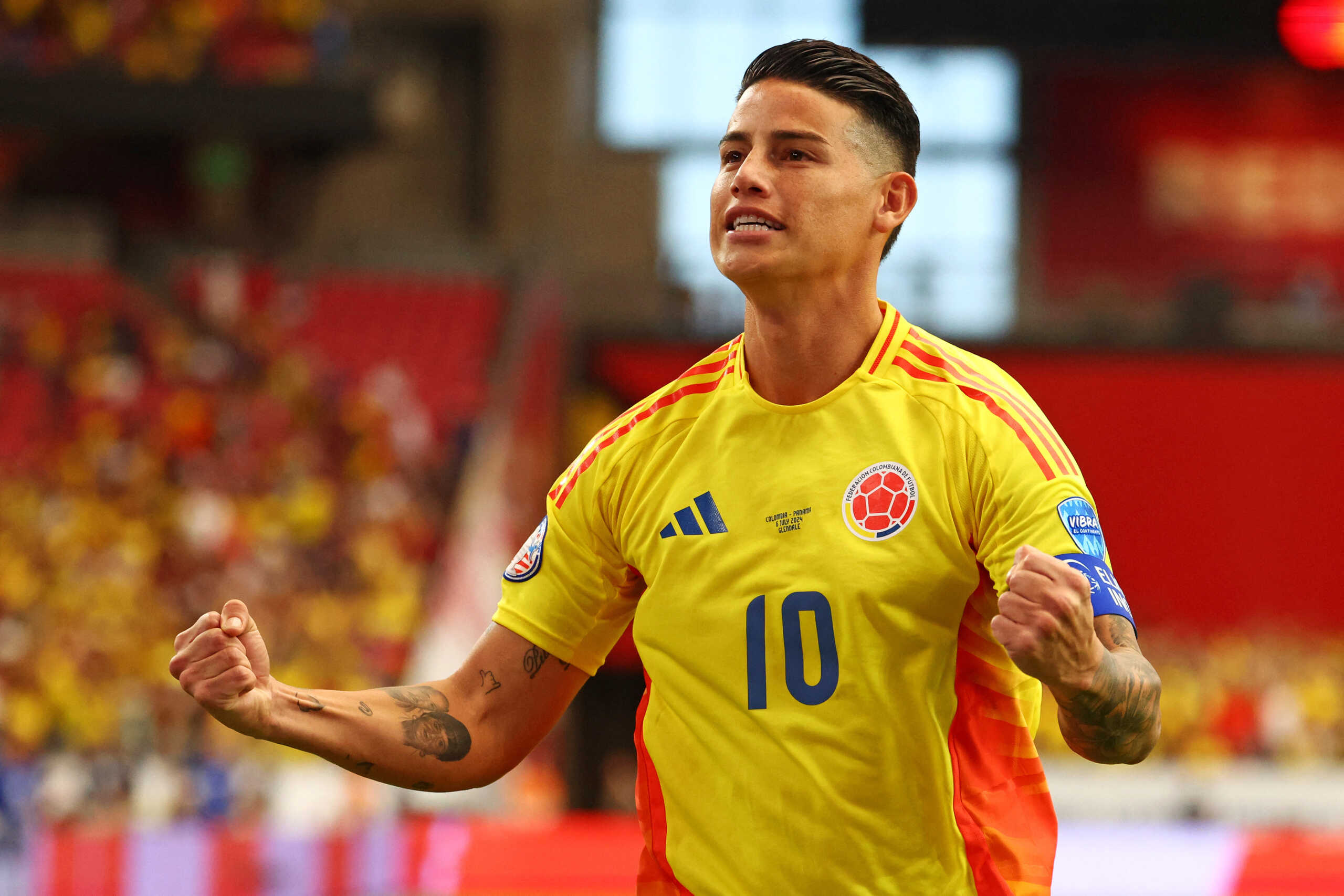 Jul 6, 2024; Glendale, AZ, USA; Colombia midfielder James Rodriguez (10) celebrates after a goal during the first half against the Panama in the Copa America Quarterfinal at State Farm Stadium. Mandatory Credit: Mark J. Rebilas-USA TODAY Sports