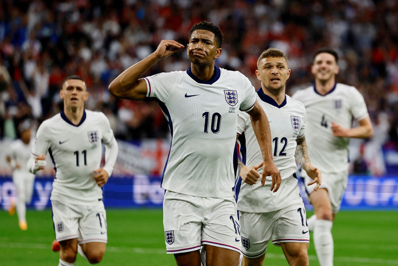 FILE PHOTO: Soccer Football - Euro 2024 - Group C - Serbia v England - Arena AufSchalke, Gelsenkirchen, Germany - June 16, 2024 England's Jude Bellingham celebrates scoring their first goal REUTERS