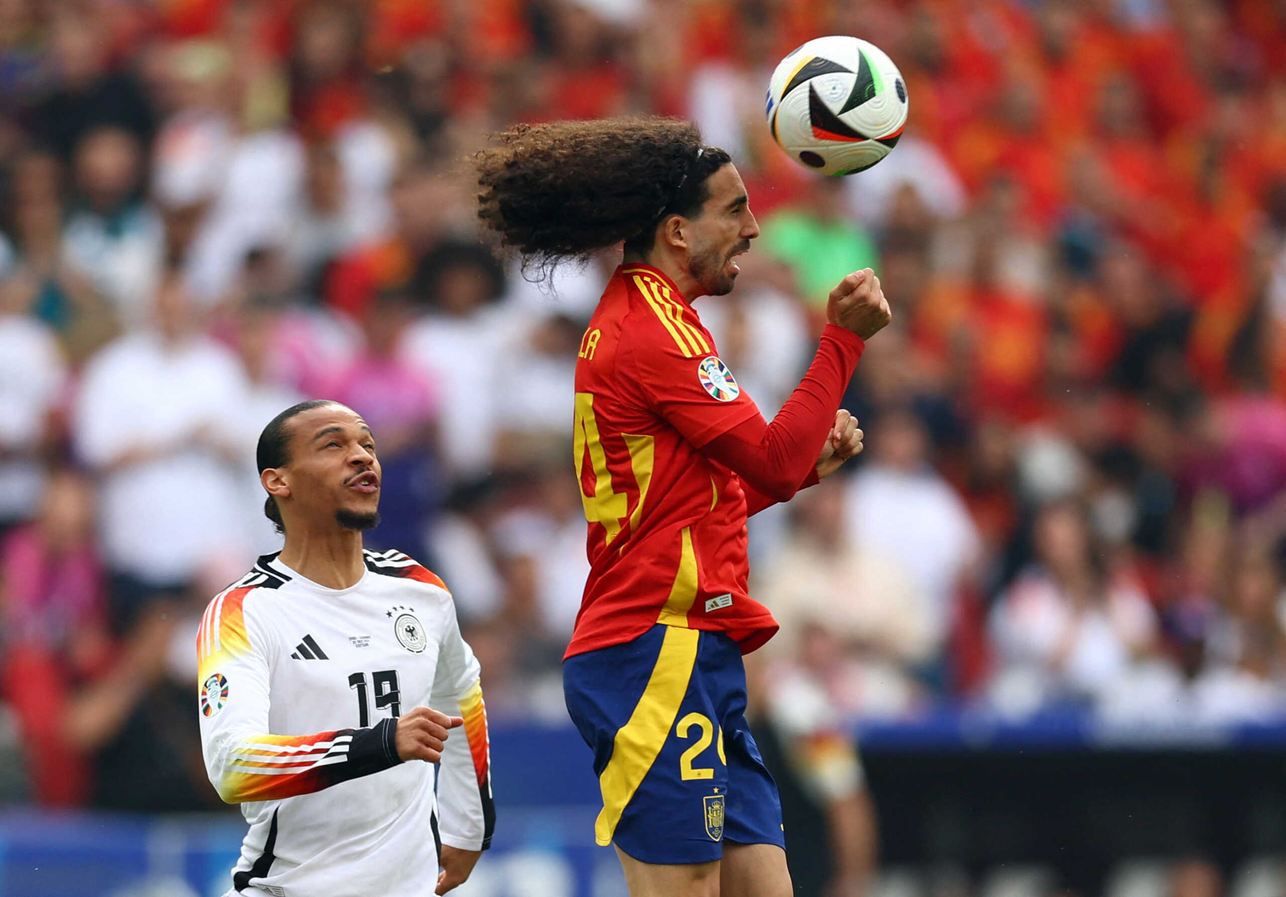 Soccer Football - Euro 2024 - Quarter Final - Spain v Germany - Stuttgart Arena, Stuttgart, Germany - July 5, 2024 Spain's Marc Cucurella in action with Germany's Leroy Sane REUTERS