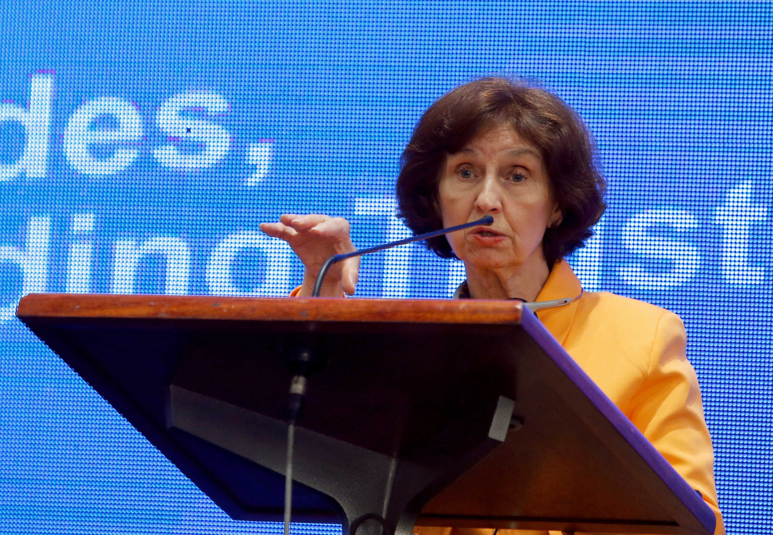 Macedonian President Gordana Siljanovska-Davkova speaks during the news conference at the Southeast European Cooperation Process (SEECP) summit in Skopje, North Macedonia, June 13, 2024. REUTERS