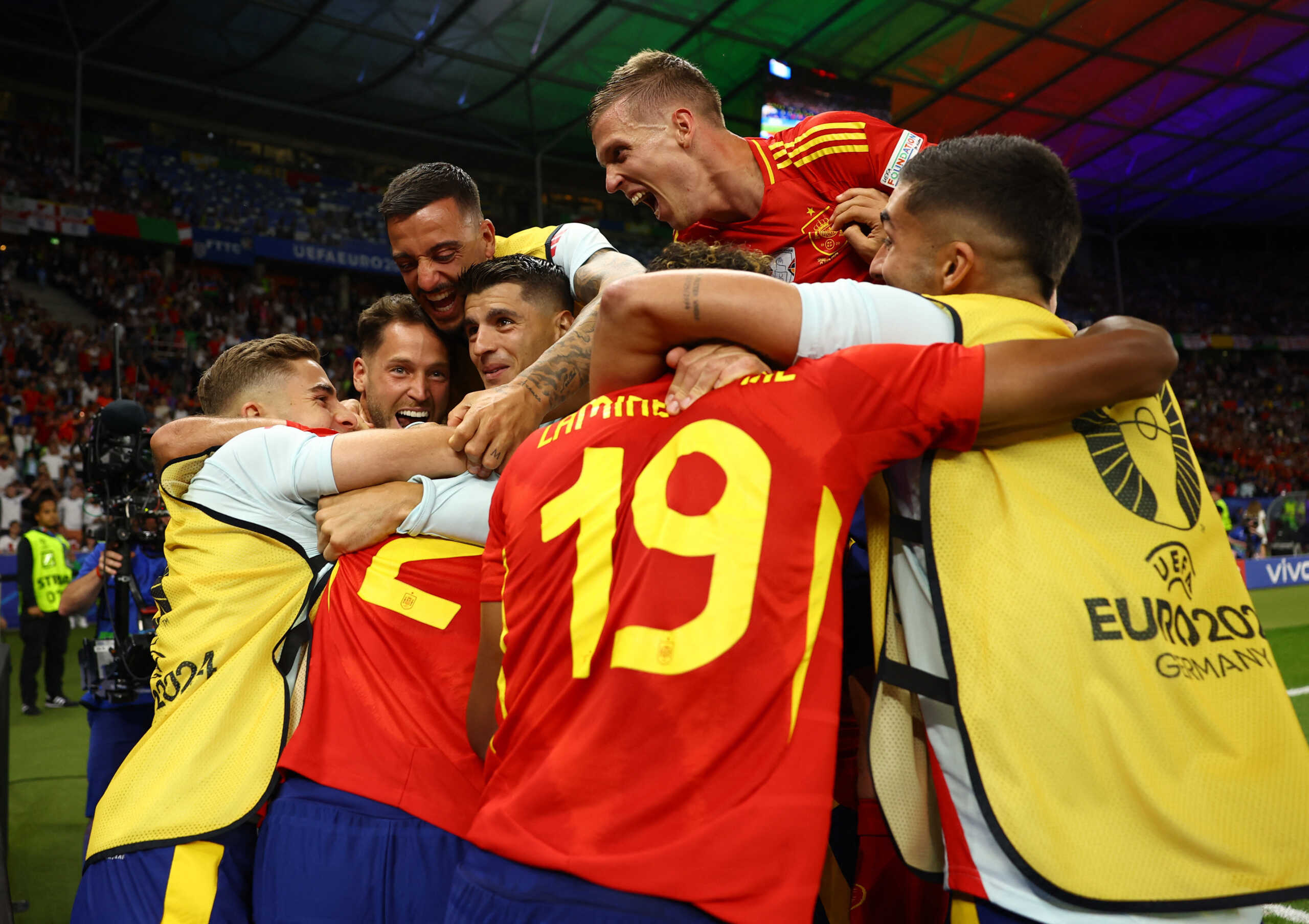 Soccer Football - Euro 2024 - Final - Spain v England - Berlin Olympiastadion, Berlin, Germany - July 14, 2024 Spain's Mikel Oyarzabal celebrates scoring their second goal with teammates REUTERS