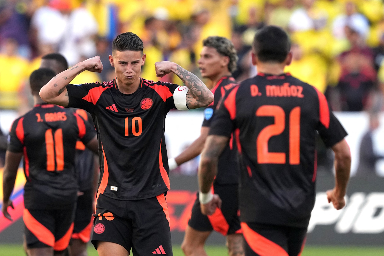 Jul 2, 2024; Santa Clara, CA, USA; Colombia midfielder James Rodriguez (10) gestures after a goal by defender Daniel Munoz (21) against Brazil during the first half at Levi's Stadium. Mandatory Credit: Darren Yamashita-USA TODAY Sports