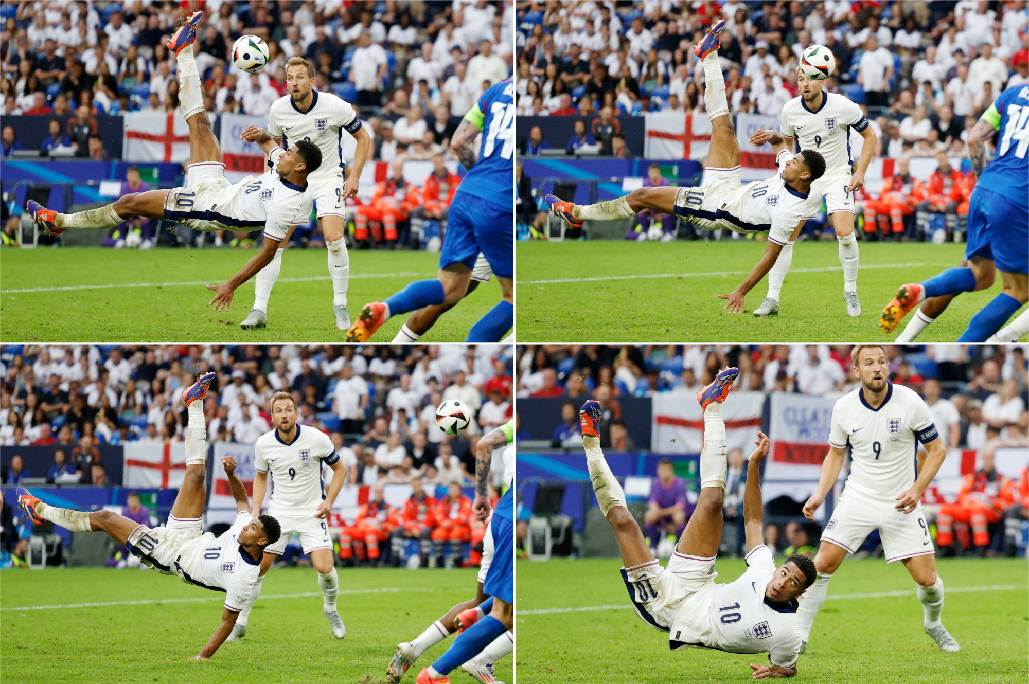 Soccer Football - Euro 2024 - Round of 16 - England v Slovakia - Arena AufSchalke, Gelsenkirchen, Germany - June 30, 2024  A combination picture of England's Jude Bellingham scoring their first goal REUTERS