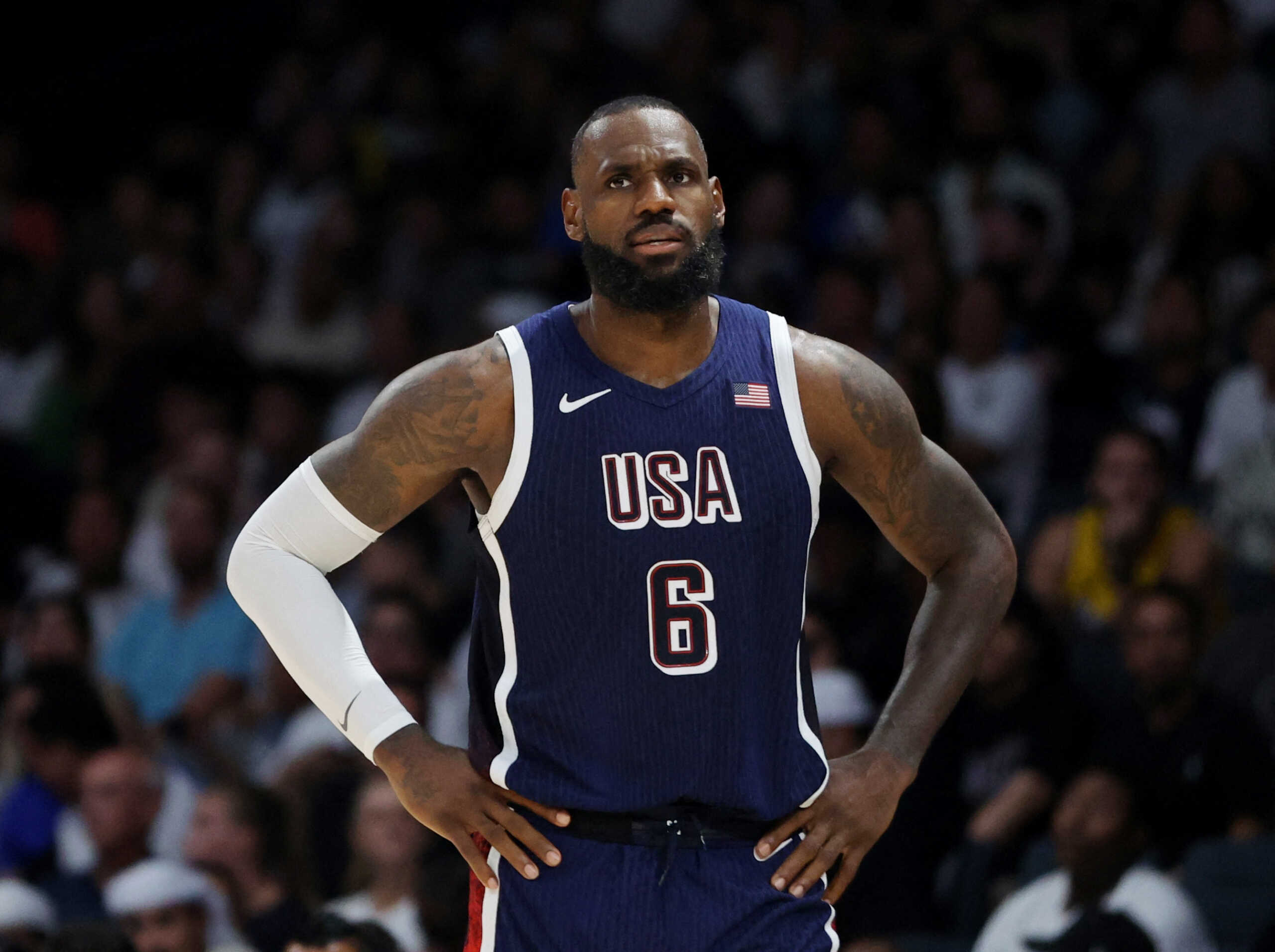Basketball - Basketball Showcase Game - United States v Australia - Etihad Arena, Abu Dhabi, United Arab Emirates - July 15, 2024 LeBron James of the U.S. during the game REUTERS