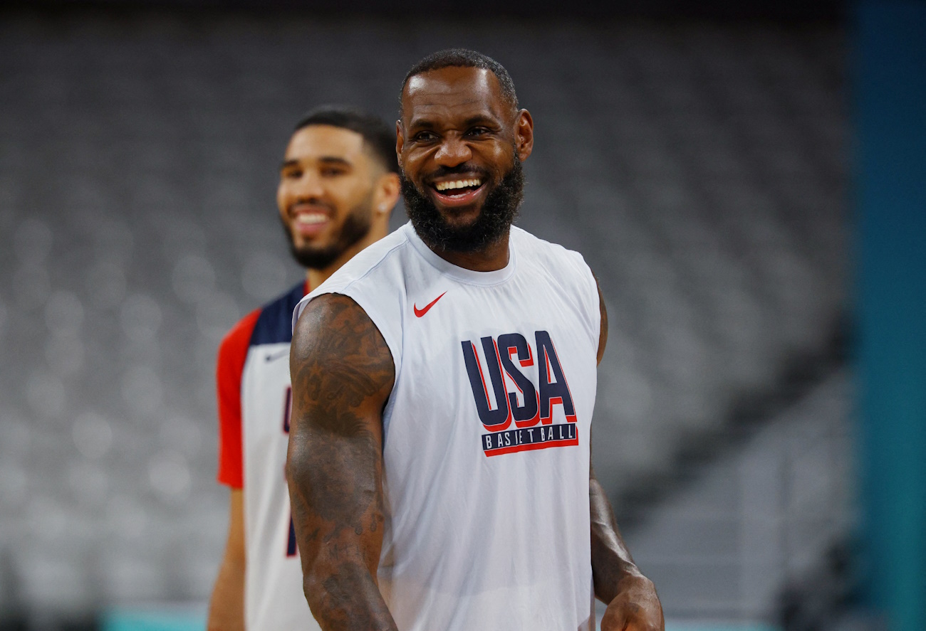 Paris 2024 Olympics - Basketball Training - Pierre Mauroy Stadium, Villeneuve-d'Ascq, France - July 24, 2024. LeBron James of the U.S. during training. REUTERS