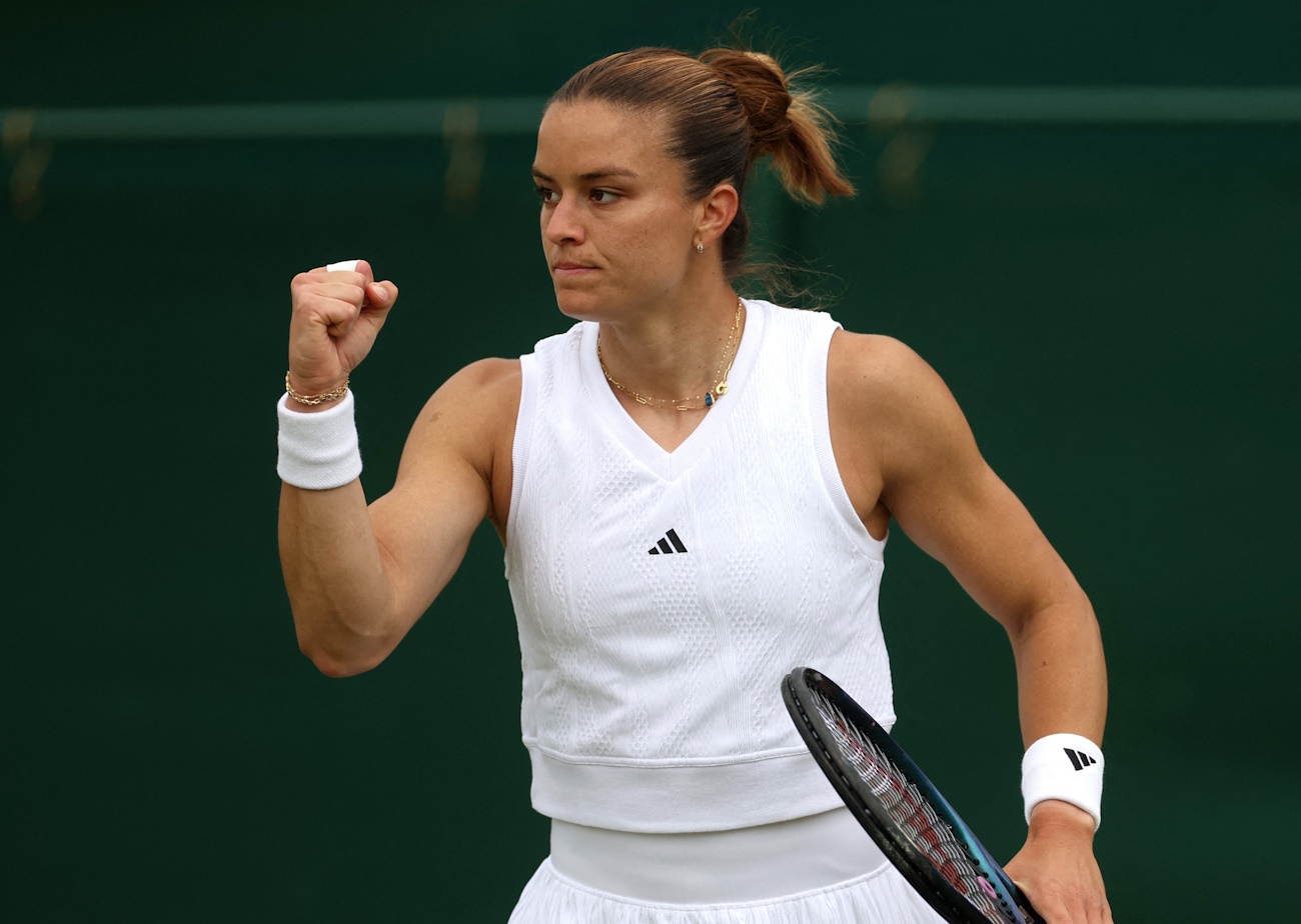 Tennis - Wimbledon - All England Lawn Tennis and Croquet Club, London, Britain - July 1, 2024 Greece's Maria Sakkari celebrates winning her first round match against McCartney Kessler of the U.S. REUTERS