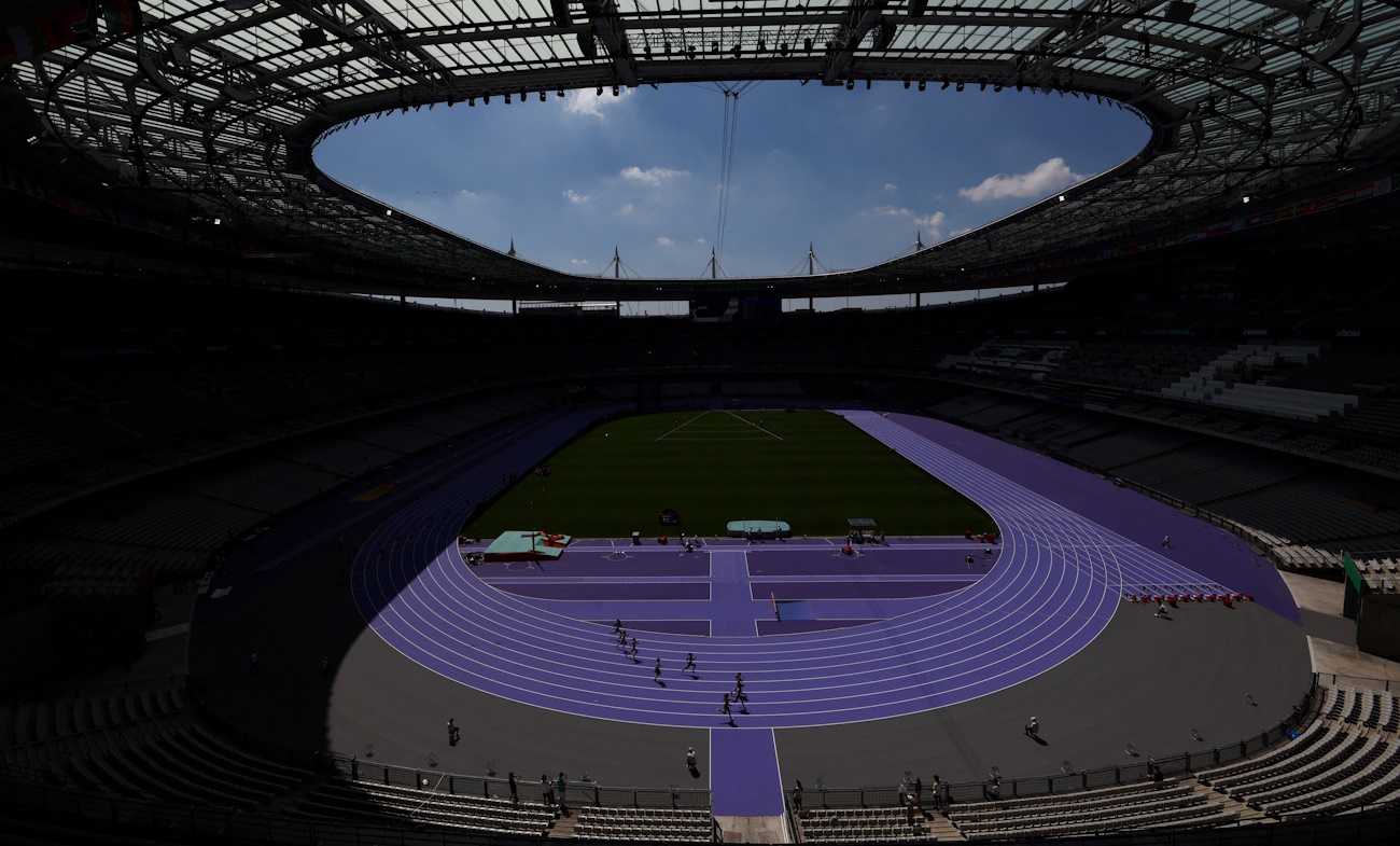 Paris 2024 Olympics - Paris 2024 holds Track and Field test event for the Olympics - Stade de France, Saint-Denis, France - June 25, 2024 General view of athletes in action on the new track during the test event REUTERS