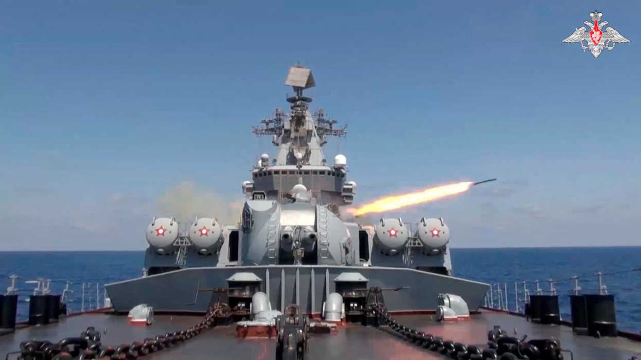 Russia's navy missile cruiser Varyag conducts drills in the the Mediterranean Sea, in this still image from a video published June 27, 2024. Russian Defence Ministry
