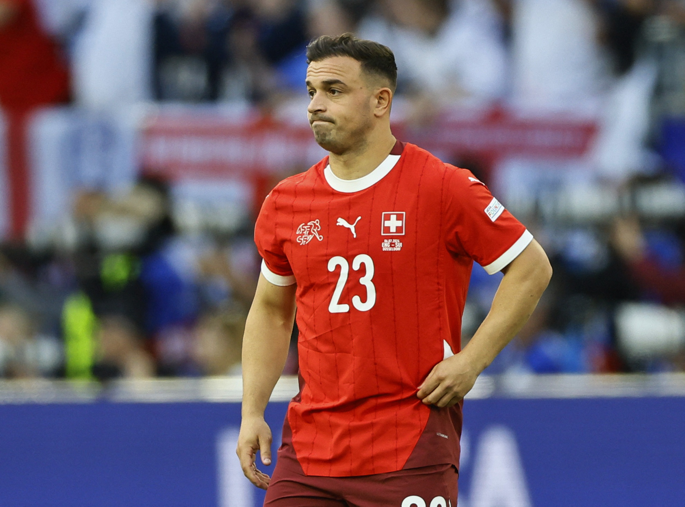 Soccer Football - Euro 2024 - Quarter Final - England v Switzerland - Dusseldorf Arena, Dusseldorf, Germany - July 6, 2024 Switzerland's Xherdan Shaqiri looks dejected after the match REUTERS