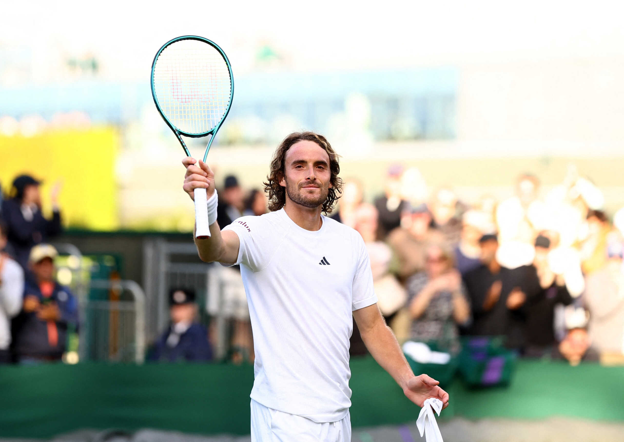 Tennis - Wimbledon - All England Lawn Tennis and Croquet Club, London, Britain - July 2, 2024 Greece's Stefanos Tsitsipas celebrates after winning his first round match against Japan's Taro Daniel REUTERS