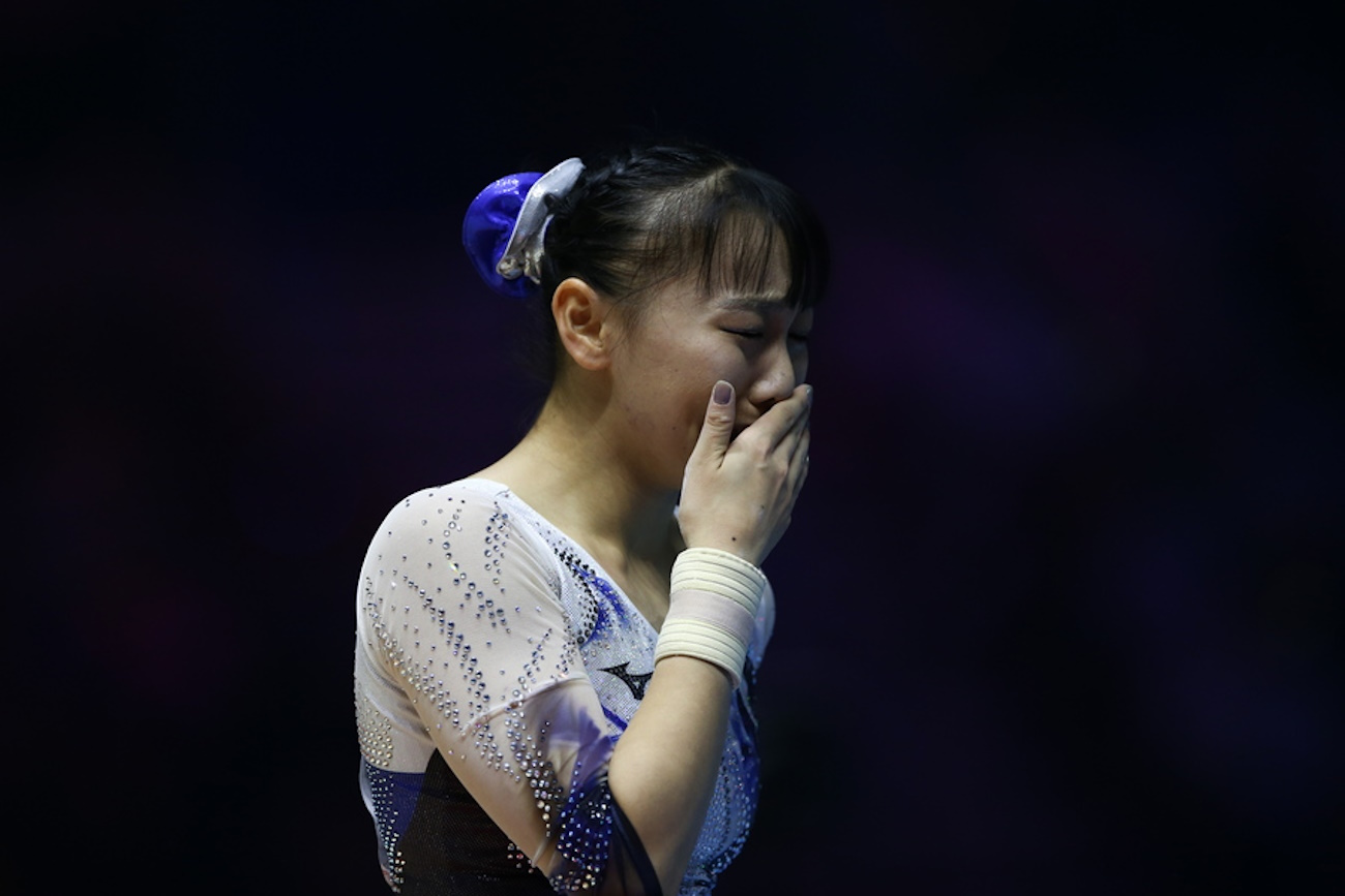 epa10291162 Shoko Miyata of Japan reacts after performing on the Floor in the women's Apparatus Finals at the 51st FIG Artistic Gymnastics World Championships in Liverpool, Britain, 06 November 2022.  EPA
