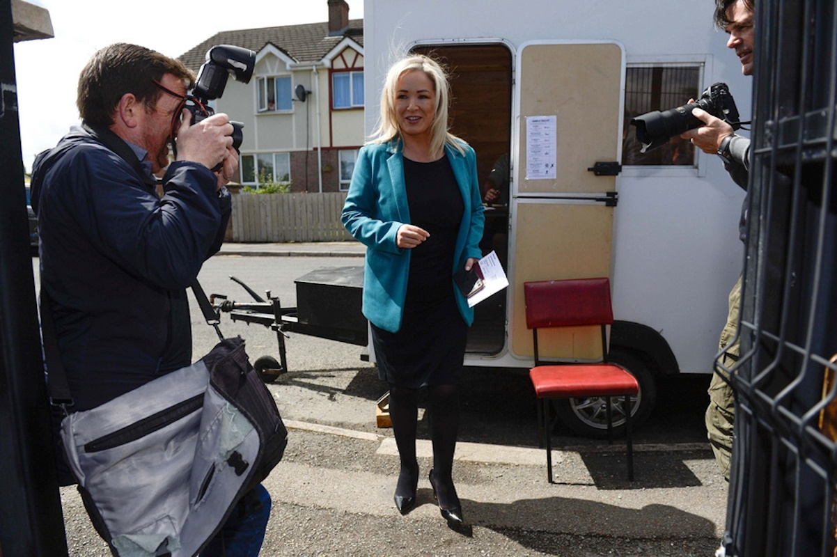 epa11456802 First Minister of Northern Ireland and Vice President of Sinn Fein Michelle O'Neill arrives at St Patrick's Primary school polling station during the British General Election in Dungannon, County Tyrone, Northern Ireland, Britain, 04 July 2024. Britons are heading to the polls to elect new members of Parliament following the call by Britain's Prime Minister Sunak for a snap election.  EPA