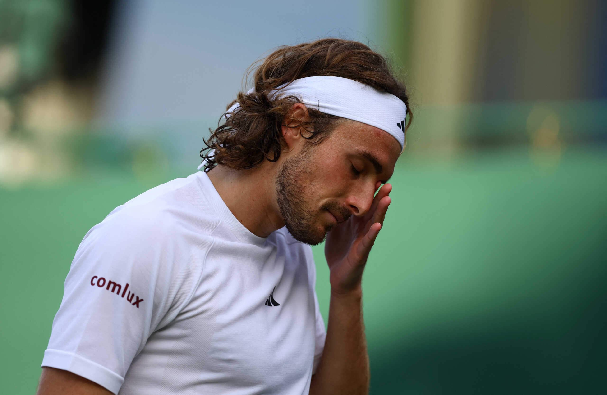 Tennis - Wimbledon - All England Lawn Tennis and Croquet Club, London, Britain - July 2, 2024 Greece's Stefanos Tsitsipas during his first round match against Japan's Taro Daniel REUTERS