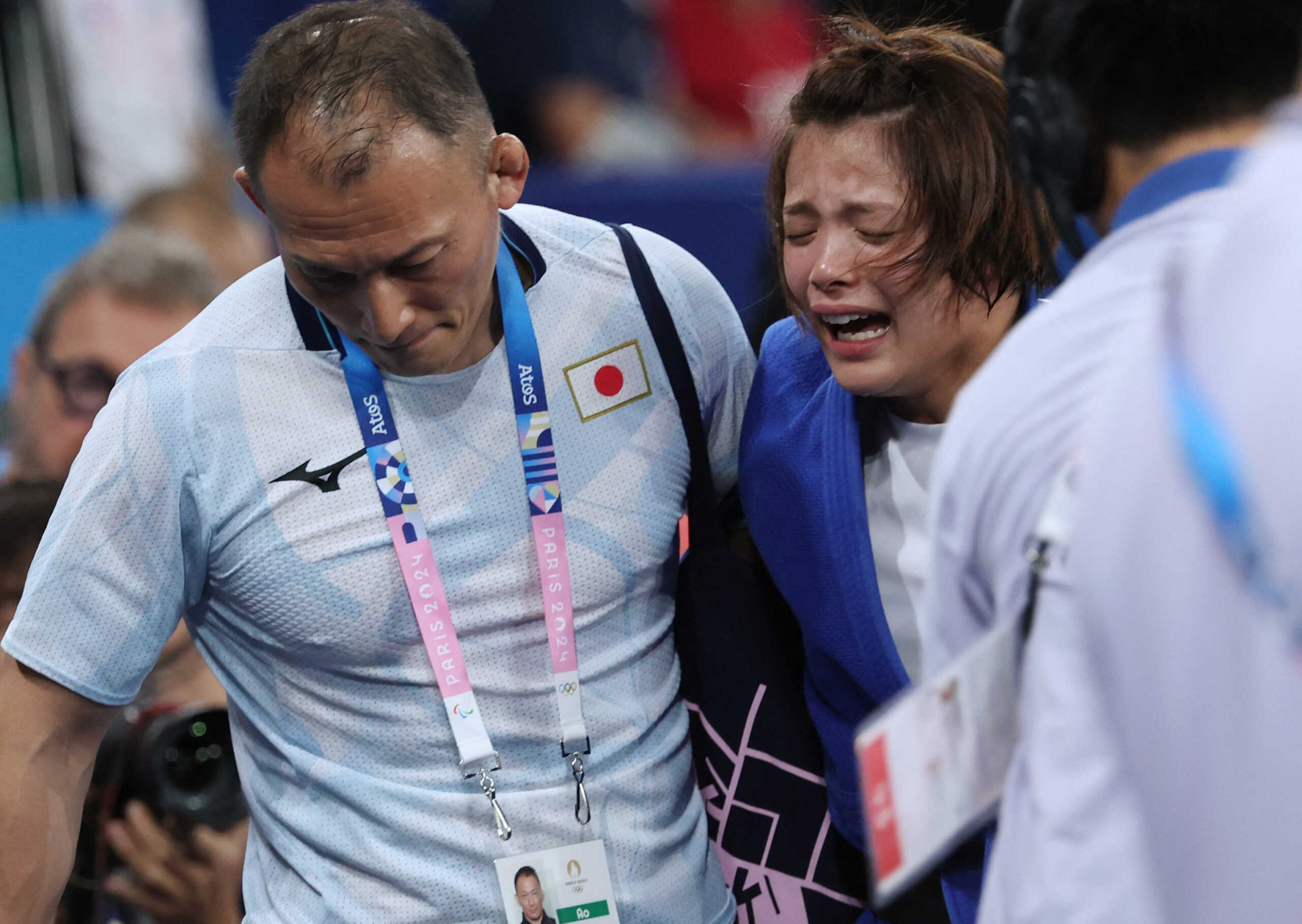 Paris 2024 Olympics - Judo - Women -52 kg Elimination Round of 16 - Champ de Mars Arena, Paris, France - July 28, 2024. Uta Abe of Japan reacts after losing to Diyora Keldiyorova of Uzbekistan. REUTERS