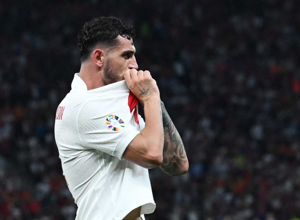 Soccer Football - Euro 2024 - Quarter Final - Netherlands v Turkey - Berlin Olympiastadion, Berlin, Germany - July 6, 2024 Turkey's Samet Akaydin celebrates scoring their first goal REUTERS