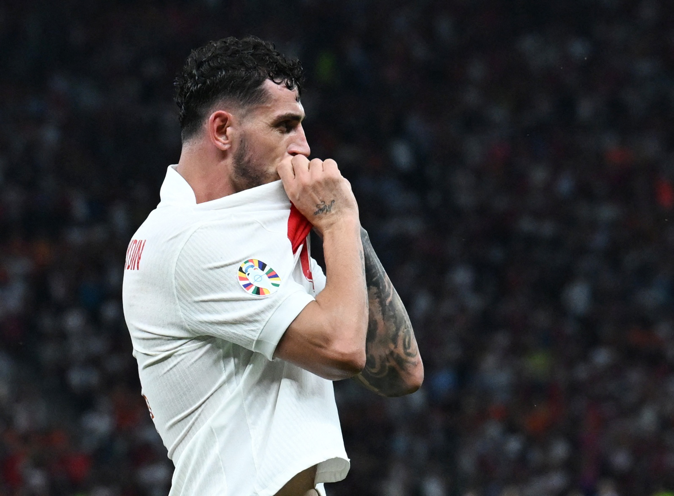 Soccer Football - Euro 2024 - Quarter Final - Netherlands v Turkey - Berlin Olympiastadion, Berlin, Germany - July 6, 2024 Turkey's Samet Akaydin celebrates scoring their first goal REUTERS
