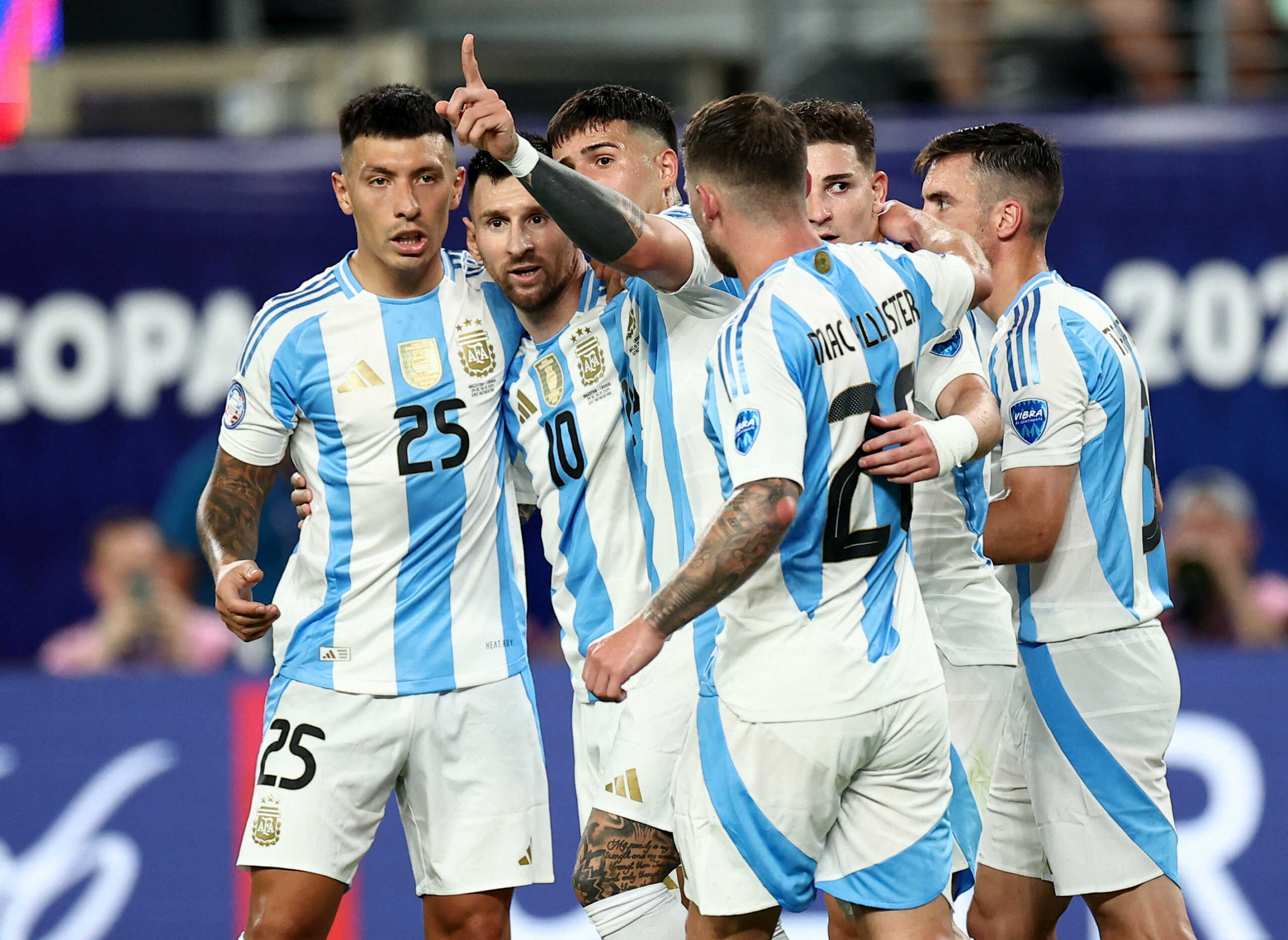 Soccer Football - Copa America 2024 - Semi Final - Argentina v Canada - MetLife Stadium, East Rutherford, New Jersey, United States - July 9, 2024 Argentina's Lionel Messi celebrates scoring their second goal with teammates REUTERS