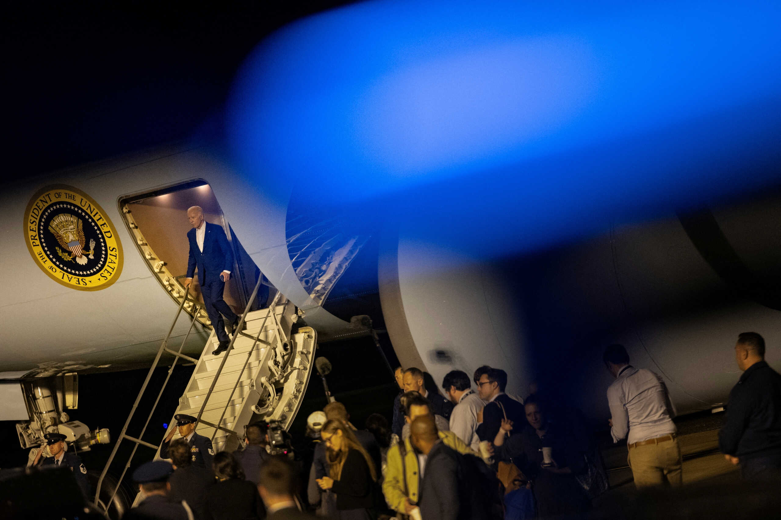 U.S. President Joe Biden exits Air Force One at Dover Air Force Base in Dover, Delaware, U.S., July 12, 2024. REUTERS