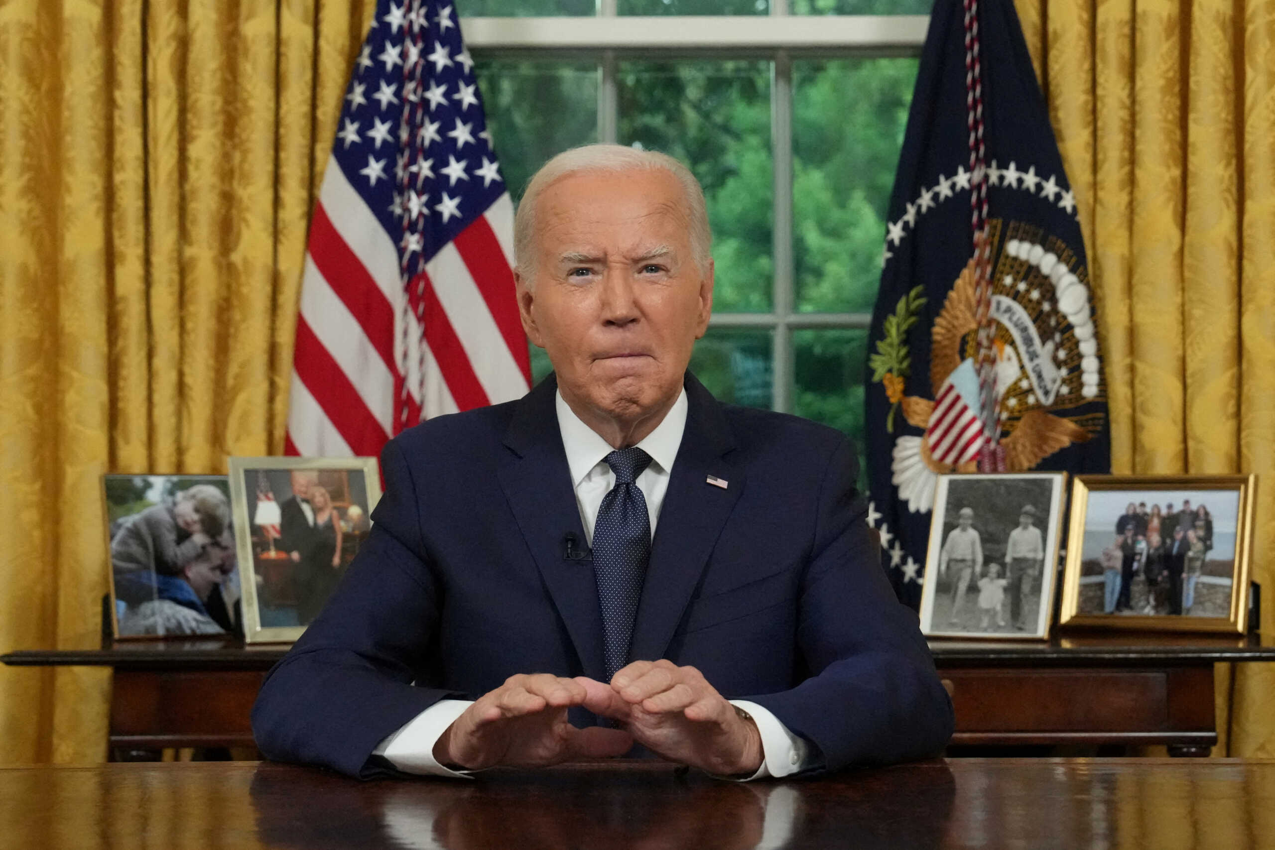 FILE PHOTO: U.S. President Joe Biden delivers an address to the nation from the Oval Office of the White House in Washington, DC on July 14, 2024.    Erin Schaff