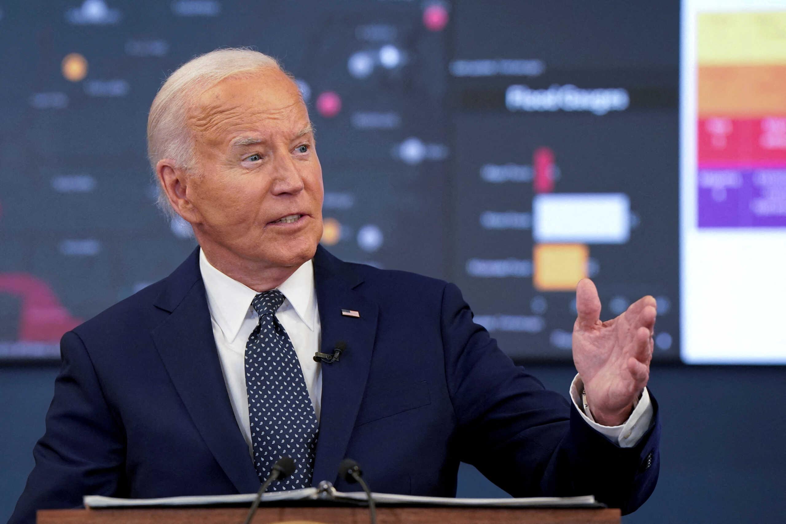 U.S. President Joe Biden speaks during a briefing from federal officials on extreme weather at the D.C. Emergency Operations Center in Washington, U.S., July 2, 2024. REUTERS