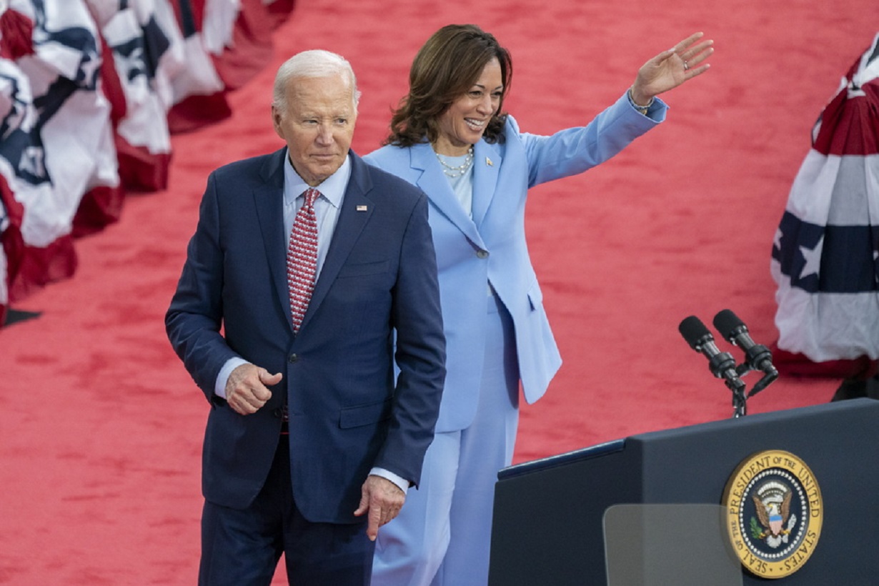 epa11378294 US President Joe Biden with Vice President Kamala Harris concludes his remarks during a campaign rally at Girard College in Philadelphia, Pennsylvania, USA, 29 May 2024. President Biden and Vice President Harris officially launch their Black Voters for Biden-Harris campaign during the rally at Girard College, a majority Black school in Philadelphia.  EPA