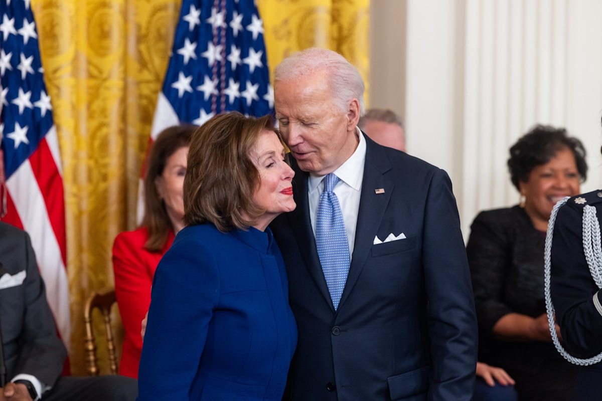 epa11317419 US President Joe Biden (R) awards the Presidential Medal of Freedom to former Speaker of the House Nancy Pelosi (L) during a ceremony in the East Room of the White House in Washington, DC, USA, 03 May 2024. Biden awarded the Presidential Medal of Freedom, the nation's highest civilian honor, to 19 recipients.  EPA