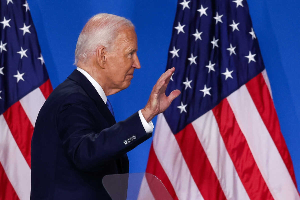 U.S. President Joe Biden gestures as he departs following a press conference during NATO's 75th anniversary summit, in Washington, U.S., July 11, 2024. REUTERS