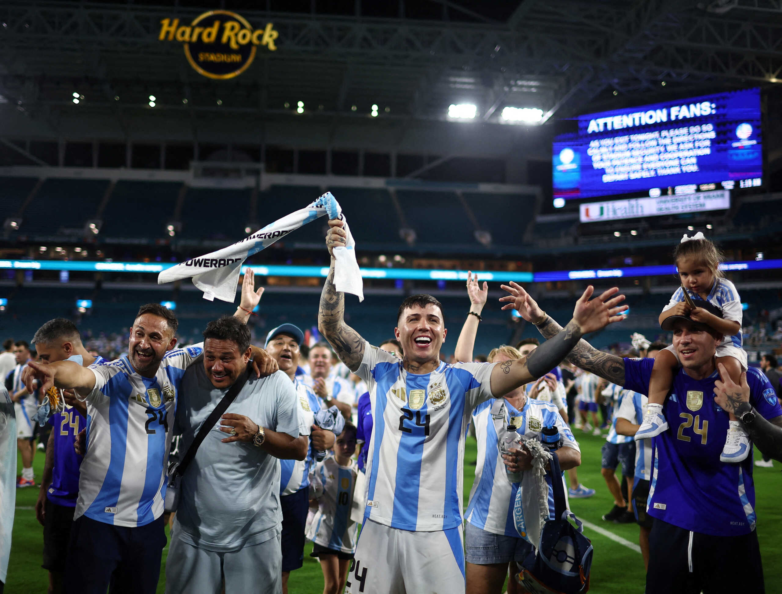 FILE PHOTO: Soccer Football - Copa America 2024 - Final - Argentina v Colombia - Hard Rock Stadium, Miami, Florida, United States - July 15, 2024 Argentina's Enzo Fernandez celebrates with family after winning the Copa America 2024 REUTERS