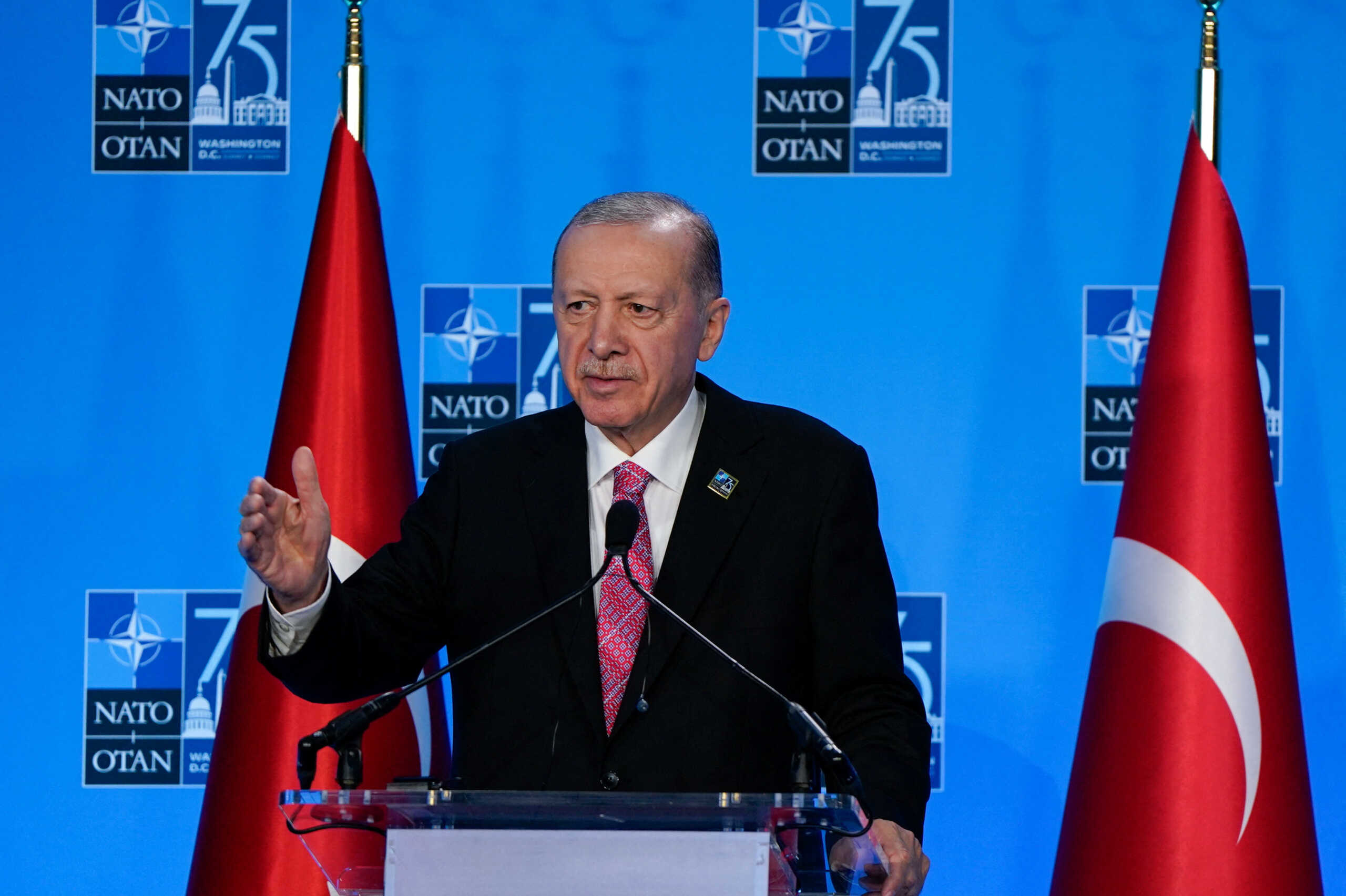 Turkey's President Tayyip Erdogan speaks during a press briefing during NATO’s 75th anniversary summit in Washington, U.S., July 11, 2024. REUTERS