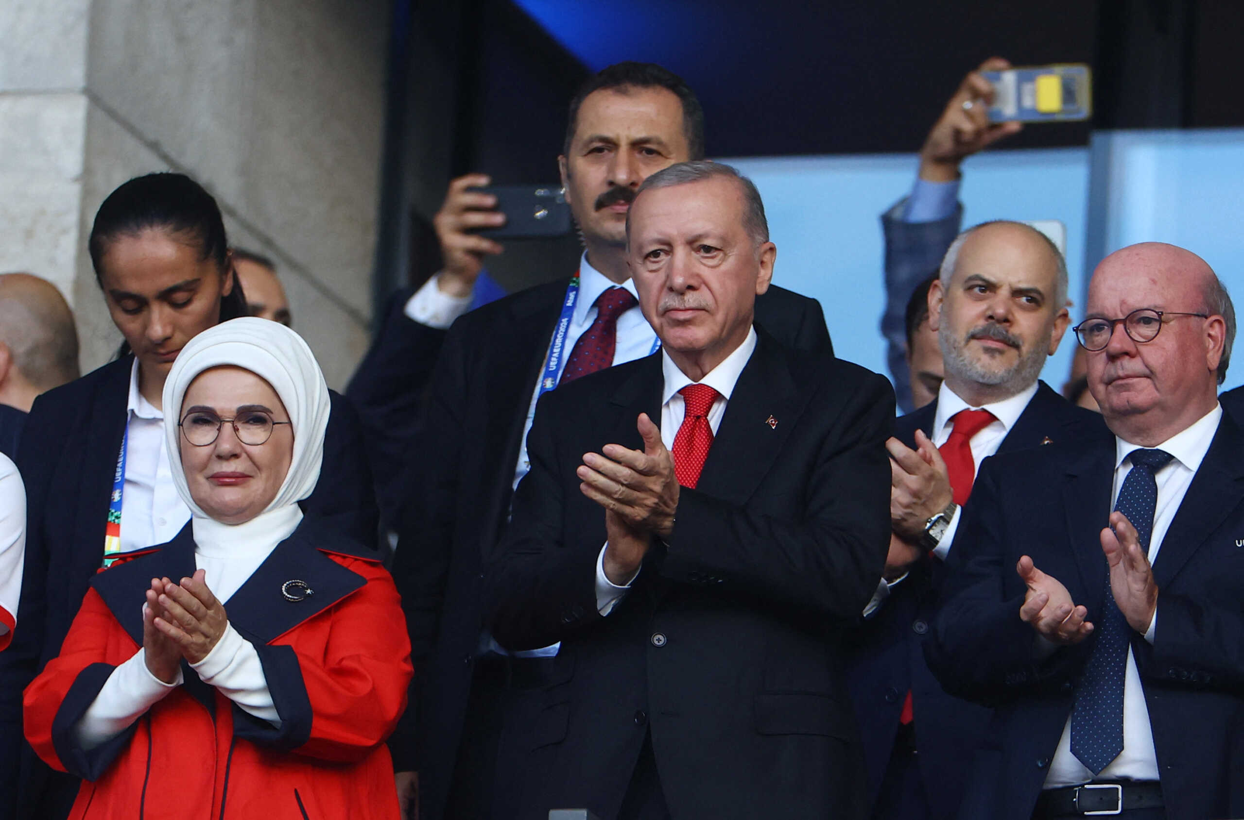 Soccer Football - Euro 2024 - Quarter Final - Netherlands v Turkey - Berlin Olympiastadion, Berlin, Germany - July 6, 2024 President of Turkey Recep Tayyip Erdogan his wife Emine is seen in the stands before the match REUTERS