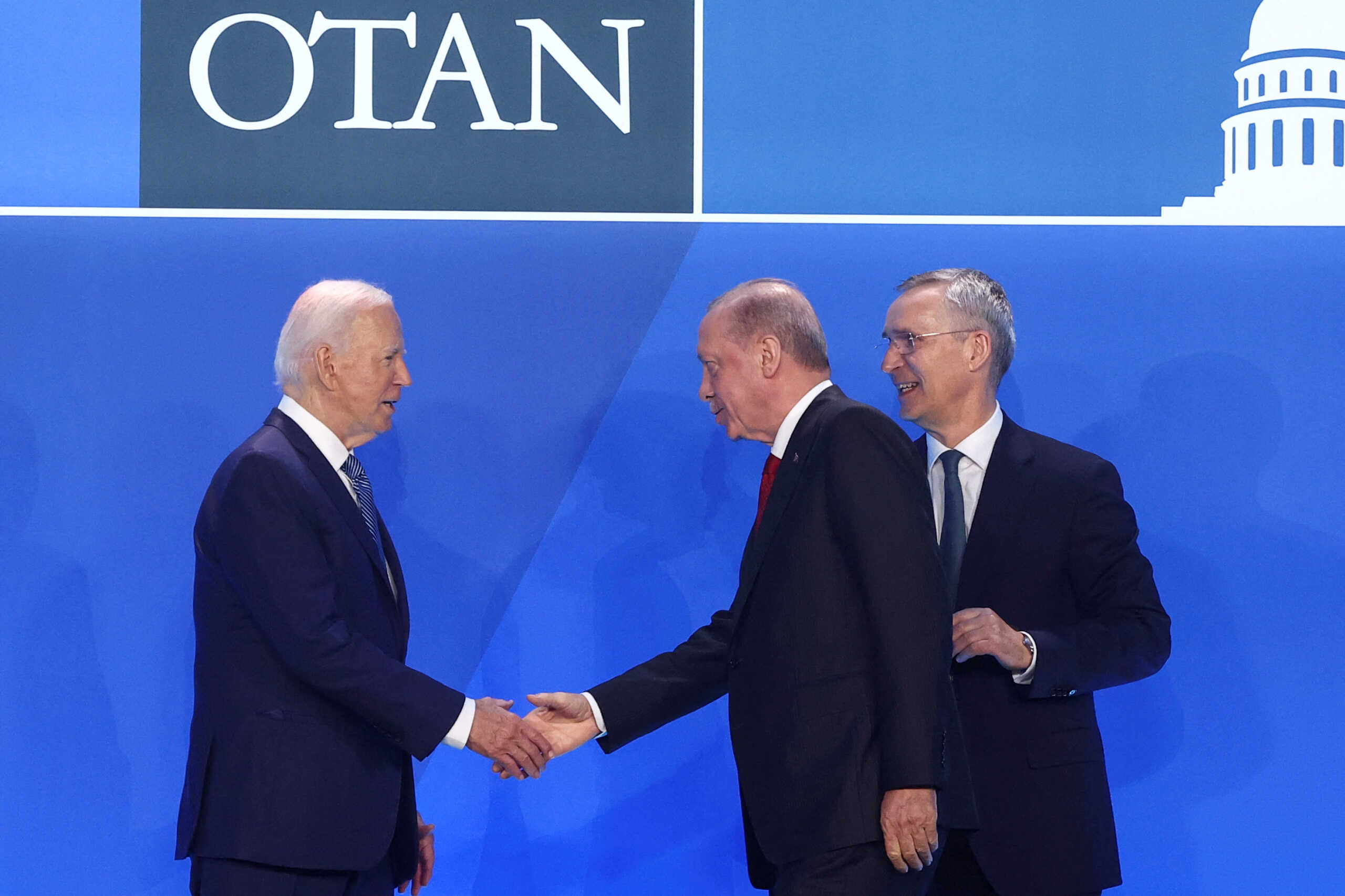 Turkey's President Tayyip Erdogan is greeted by U.S. President Joe Biden and NATO Secretary General Jens Stoltenberg during NATO's 75th anniversary summit in Washington, U.S., July 10, 2024. REUTERS