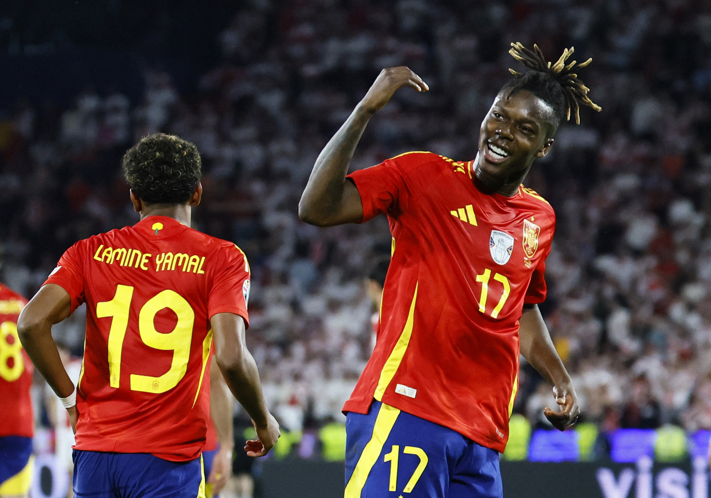 Soccer Football - Euro 2024 - Round of 16 - Spain v Georgia - Cologne Stadium, Cologne, Germany - June 30, 2024 Spain's Nico Williams celebrates scoring their third goal REUTERS