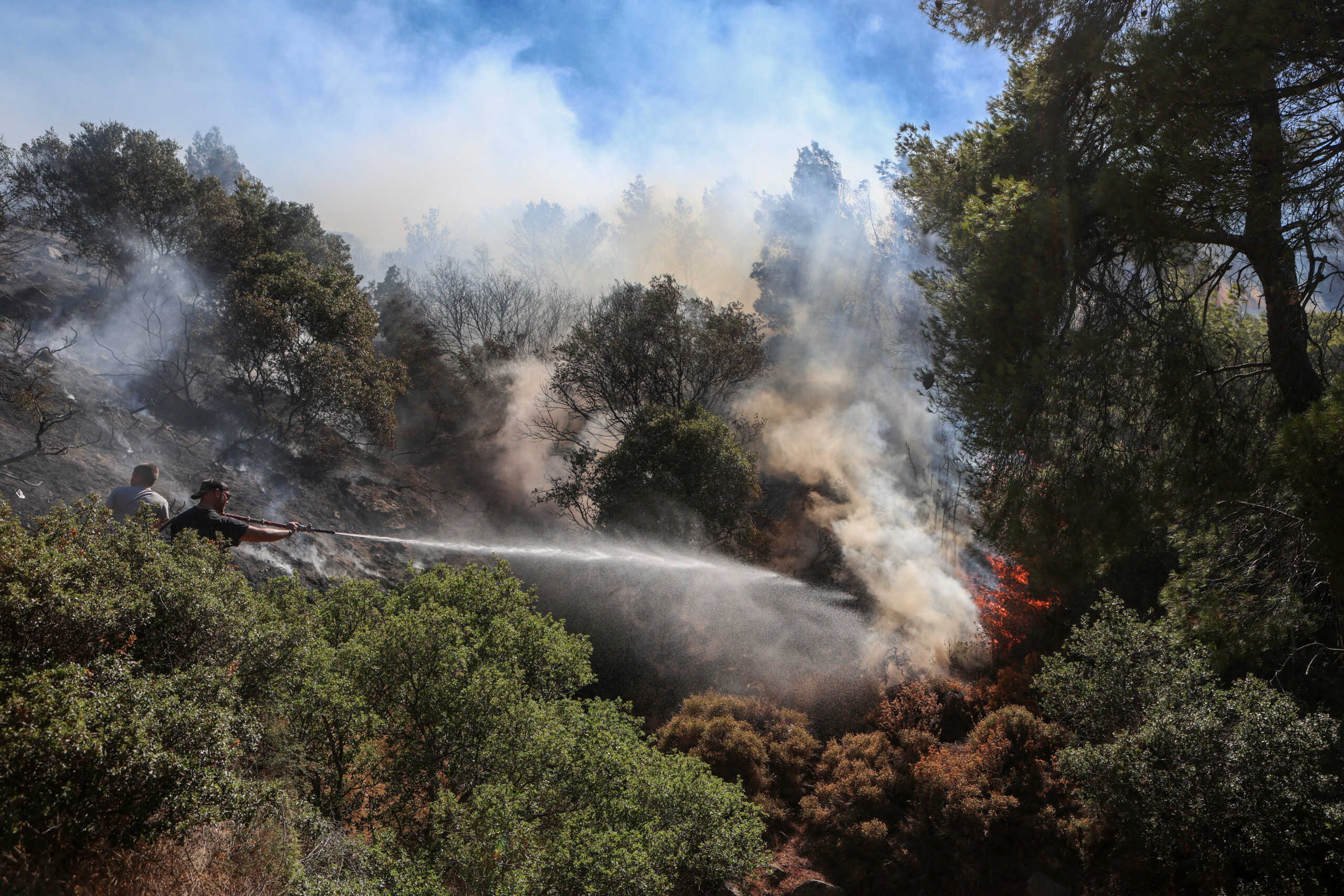 Volunteers try to extinguish a wildfire burning in Keratea, near Athens, Greece, June 30, 2024. REUTERS