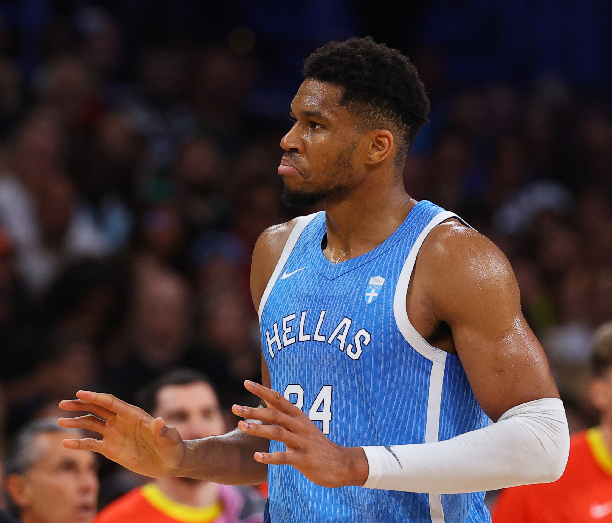 Paris 2024 Olympics - Basketball - Men's Group Phase - Group A - Spain vs Greece - Lille, Pierre Mauroy Stadium, Villeneve-d'Ascq, France - July 30, 2024. Giannis Antetokounmpo of Greece reacts to an umpire's call. REUTERS