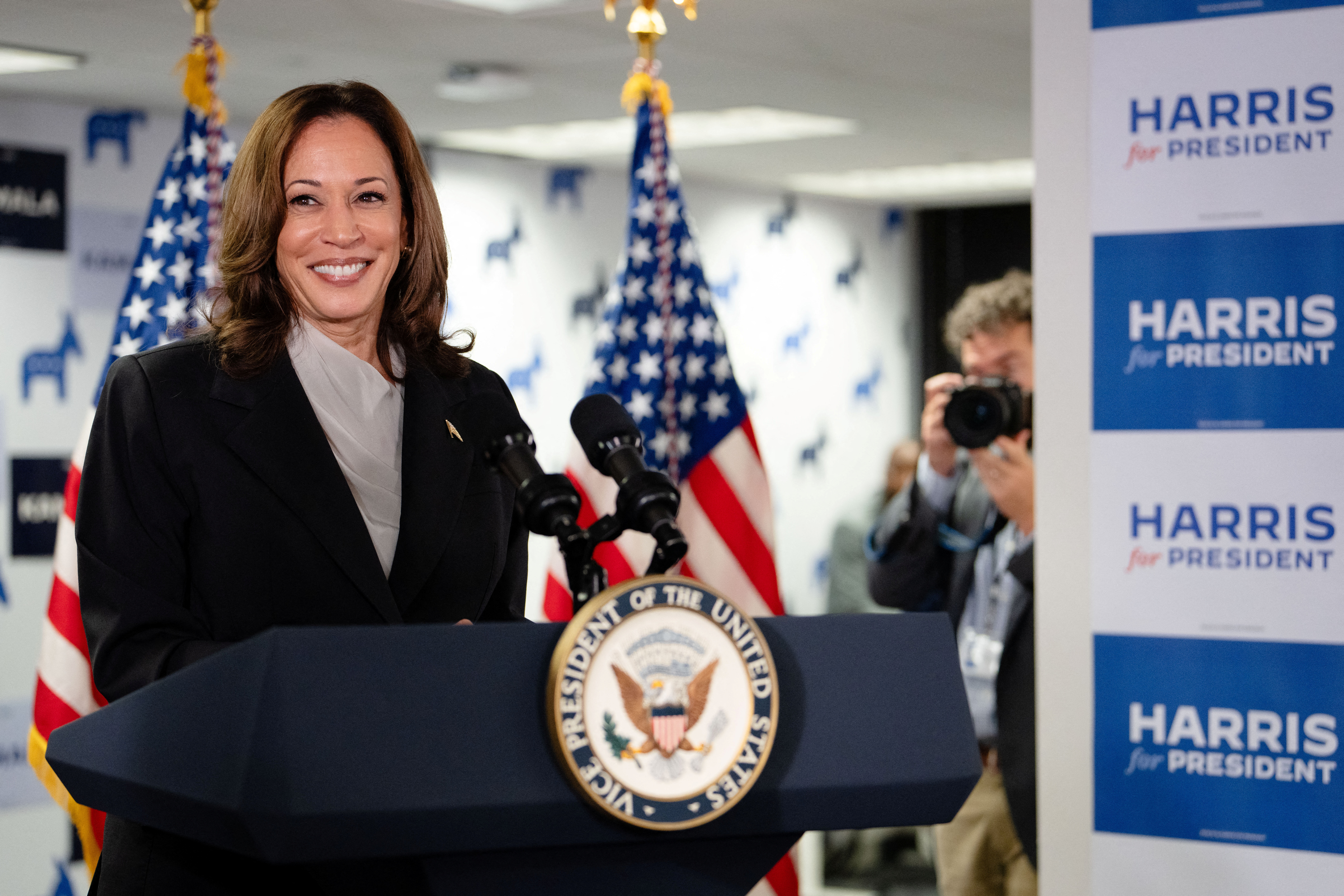 U.S. Vice President Kamala Harris speaks at her Presidential Campaign headquarters in Wilmington, DE, U.S.,  July 22, 2024.  Erin Schaff