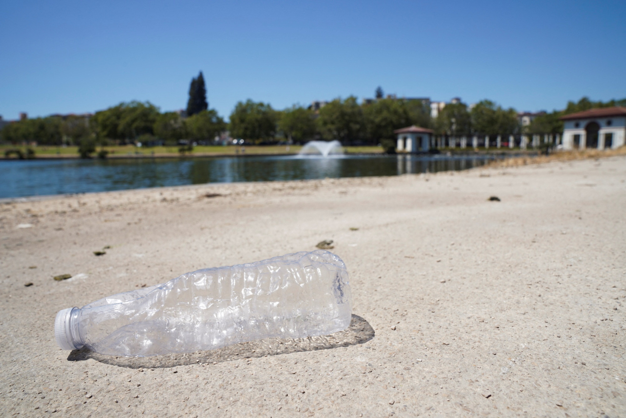 An empty discarded water bottle lies alongside Lake Merritt during a heat wave as temperatures reach over 80 degrees Fahrenheit (26.7 degrees Celsius) in Oakland, California, U.S., July 3, 2024. REUTERS
