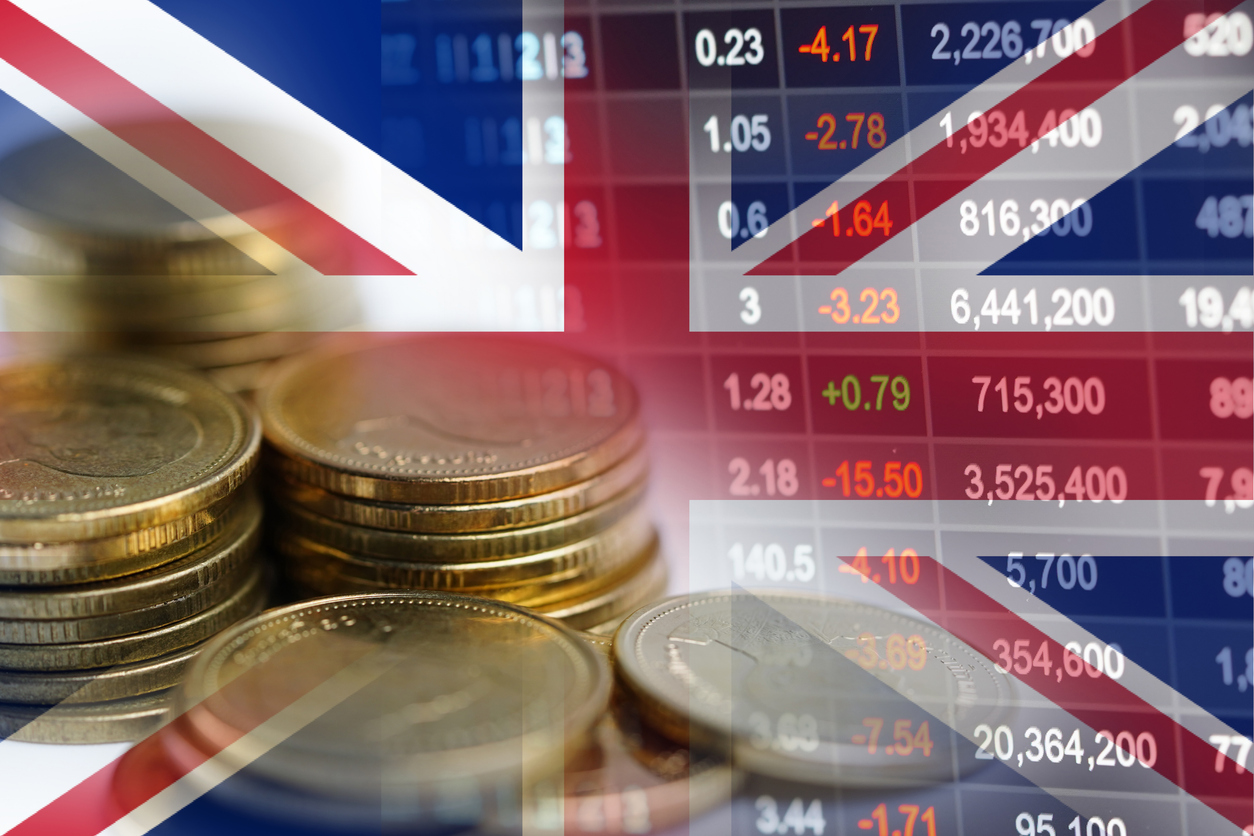 Stock market investment trading financial, coin and United Kingdom England flag or Forex for analyze profit finance business trend data background.