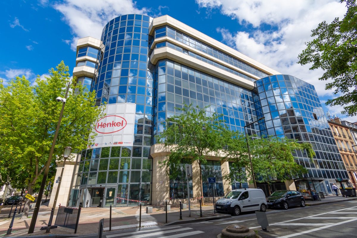 Boulogne-Billancourt, France - July 30, 2021: Exterior view of the headquarters of Henkel France, a company specializing in manufacturing detergents, cleaning products, cosmetics and glues