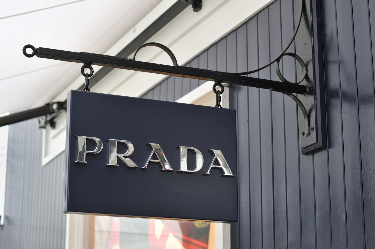 Bicester, Oxfordshire, United Kingdom - November 19, 2011: Fashion brand Prada sign in Bicester Village outlet shopping centre.