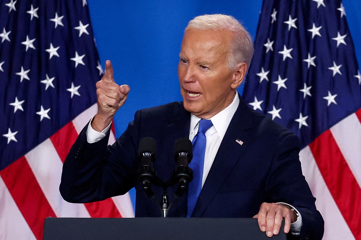 FILE PHOTO: U.S. President Joe Biden gestures as he speaks at a press conference during NATO's 75th anniversary summit, in Washington, U.S., July 11, 2024. REUTERS