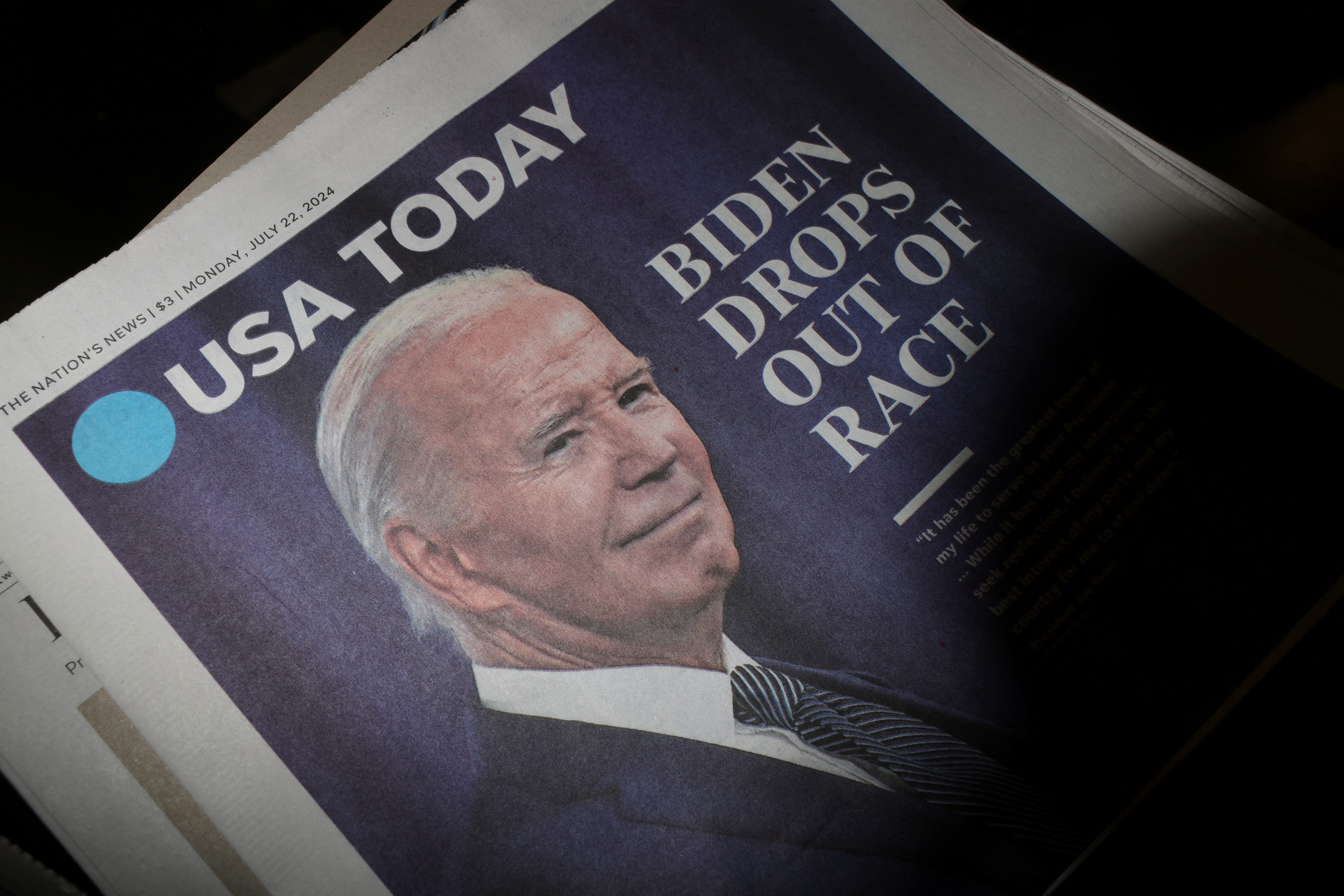 The front page of USA Today is seen the day U.S. President Joe Biden announced that he is dropping his reelection bid, at the New York Times College Point Printing Plant in Queens, New York City, New York, U.S., July 21, 2024. REUTERS