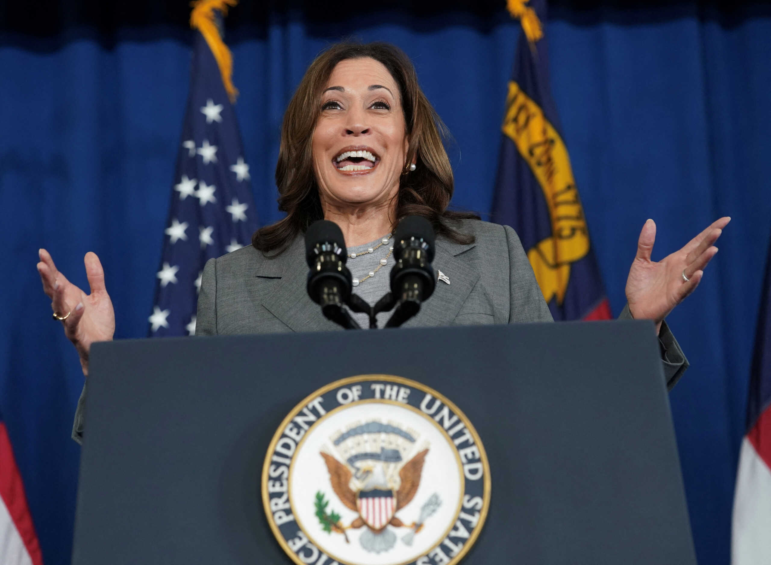U.S. Vice President Kamala Harris speaks at a campaign event in Greensboro, North Carolina, U.S., July 11, 2024.  REUTERS
