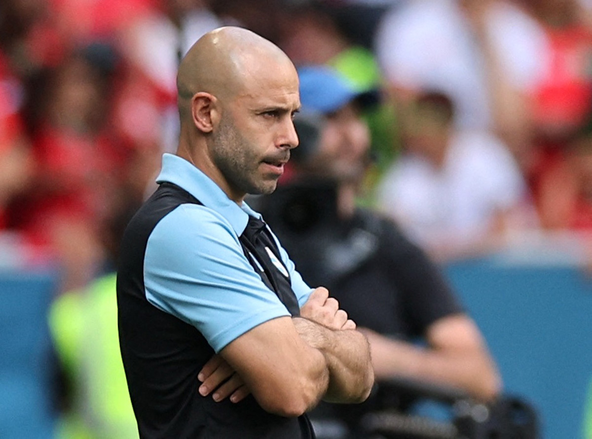 Paris 2024 Olympics - Football - Men's Group B - Argentina vs Morocco - Geoffroy-Guichard Stadium, Saint-Etienne, France - July 24, 2024. Argentina coach Javier Mascherano looks on REUTERS