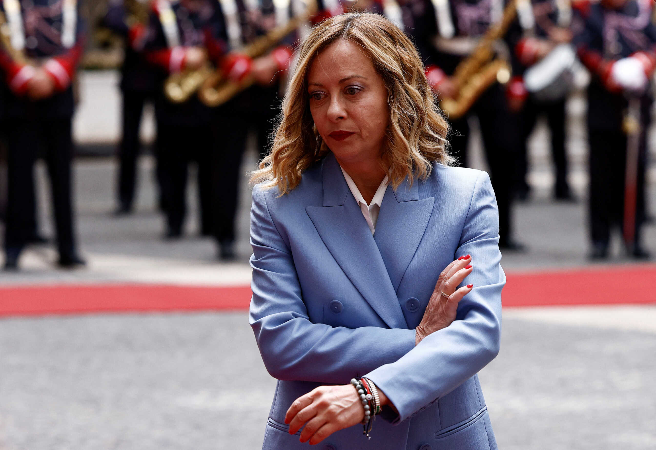 Italian Prime Minister Giorgia Meloni arrives to meet with Finnish President Alexander Stubb at Palazzo Chigi, in Rome, Italy, July 4, 2024. REUTERS