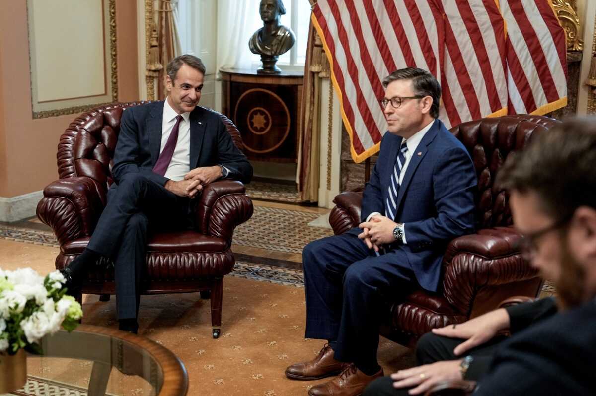 U.S. House Speaker Mike Johnson (R-LA) meets with Greek Prime Minister Kyriakos Mitsotakis on the sidelines of NATO's 75th anniversary summit, on Capitol Hill in Washington, U.S., July 9, 2024. REUTERS