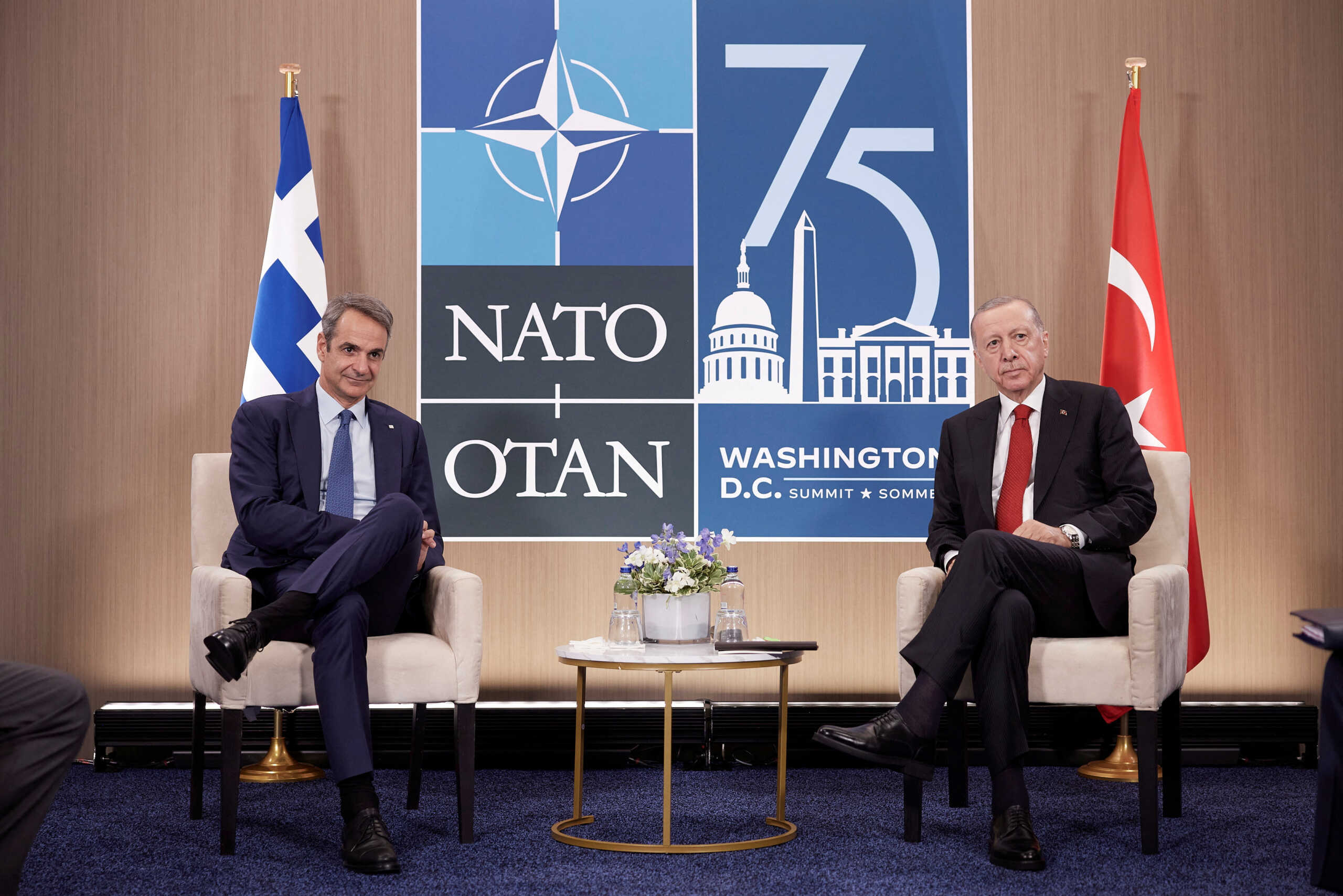Greek Prime Minister Kyriakos Mitsotakis and Turkish President Tayyip Erdogan meet on the sidelines of NATO Summit, in Washington, United States, July 10, 2024. Dimitris Papamitsos