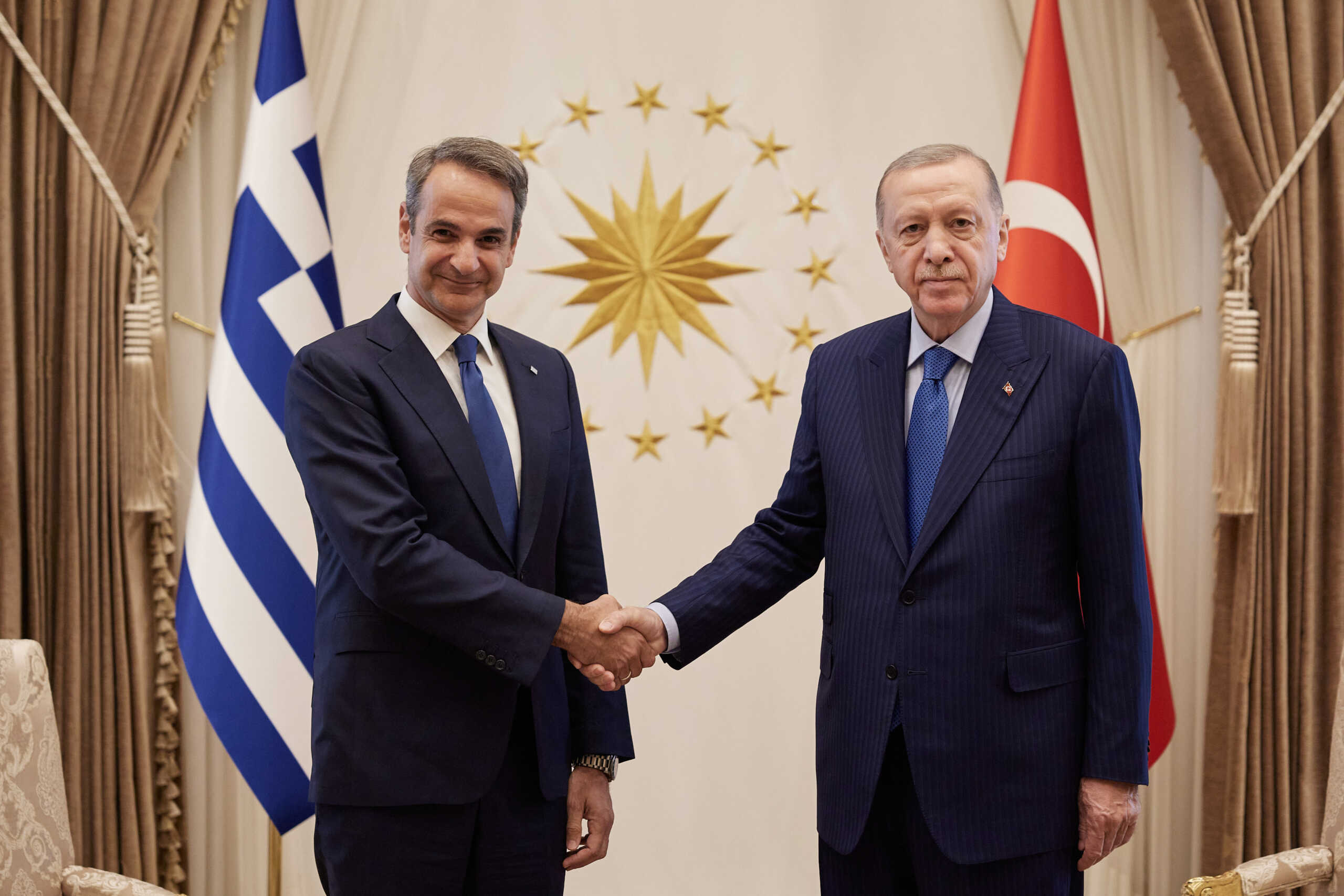 Συνάντηση του Πρωθυπουργού Κυριάκου Μητσοτάκη με τον Πρόεδρο της Τουρκίας, Ρετζέπ Ταγίπ Ερντογάν στο Προεδρικό Μέγαρο στην Άγκυρα, Δευτέρα 13 Μαΐου 2024. 
(ΔΗΜΗΤΡΗΣ ΠΑΠΑΜΗΤΣΟΣ